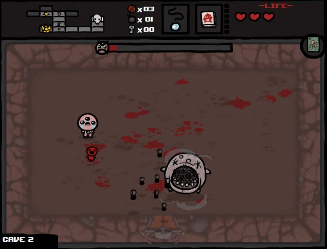 A three-eyed Isaac fights a giant blob with flies coming out of its mouth in The Binding Of Isaac