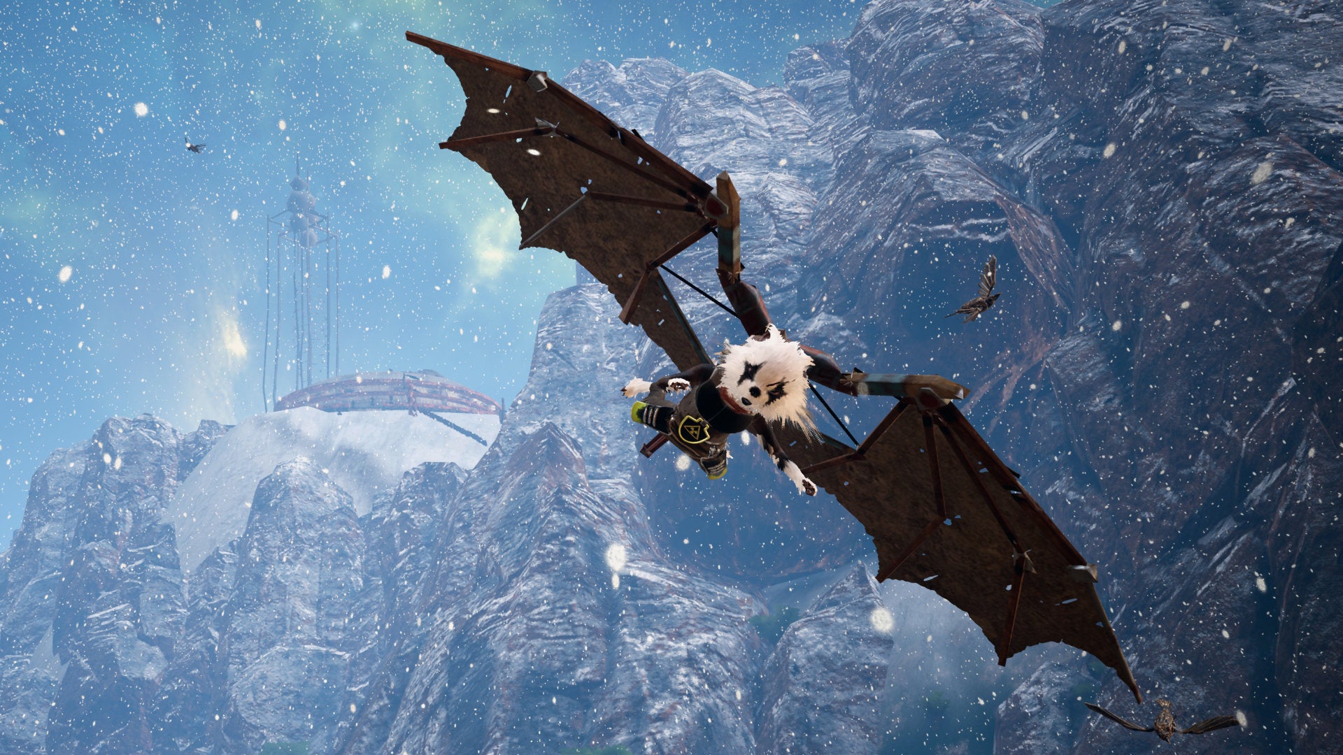 A Biomutant screenshot of the main character using wings to glide down from a mountaintop.