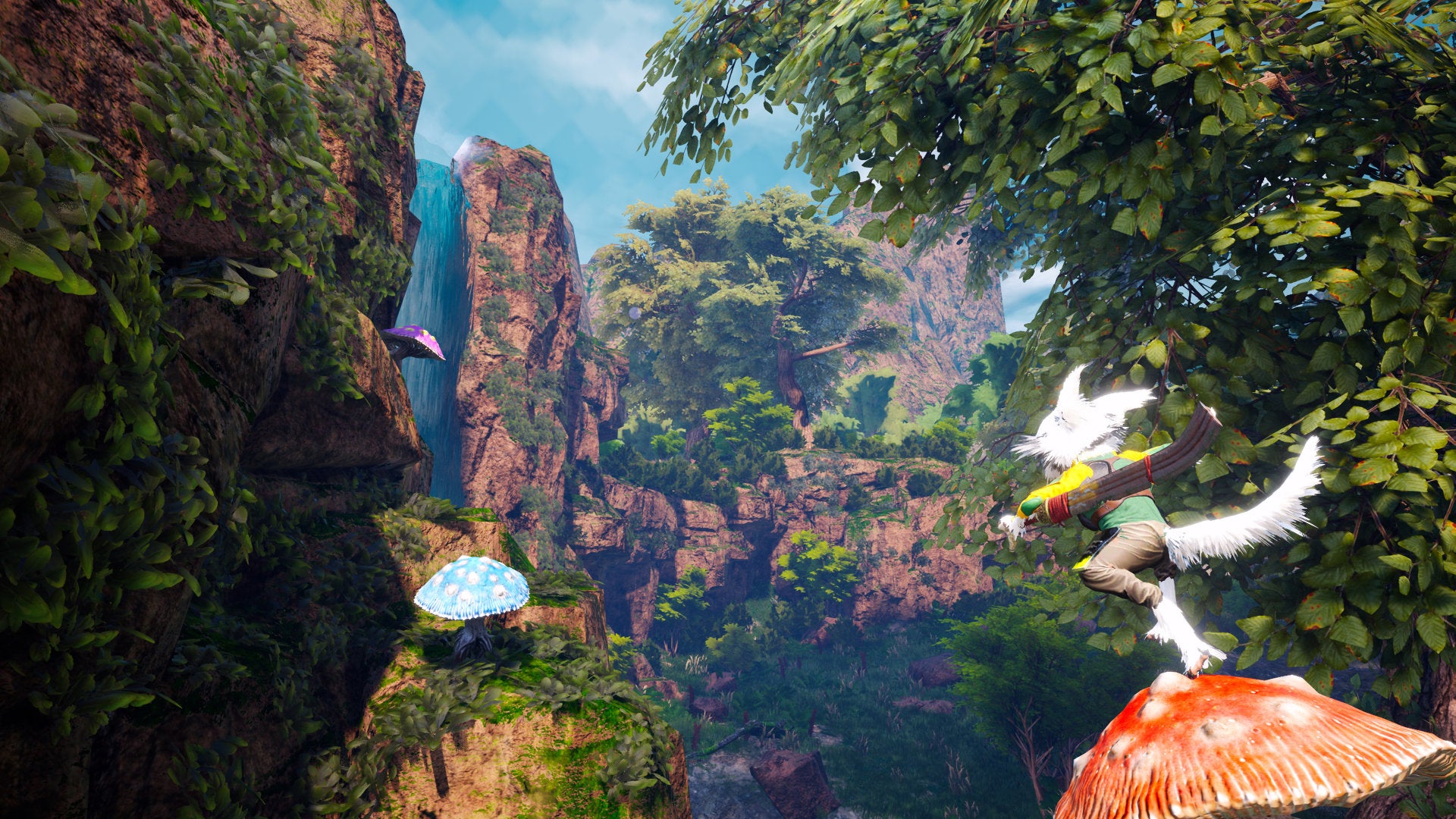 A Biomutant screenshot of the main character bouncing off the head of a toadstool in a forest.