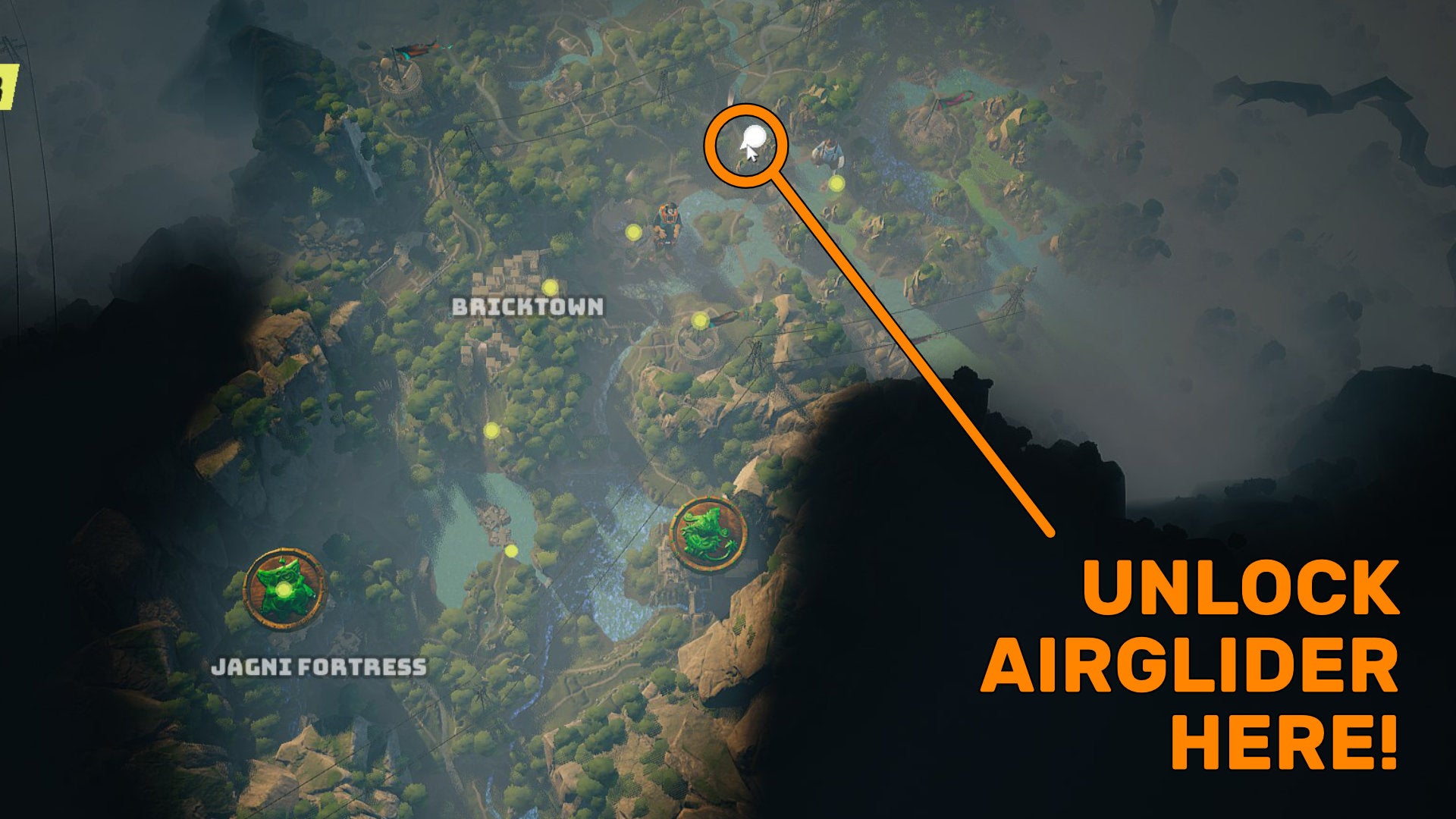 A screenshot of part of the Biomutant map, with a "mirage" side quest location highlighted where you can unlock the Airglider automaton upgrade.