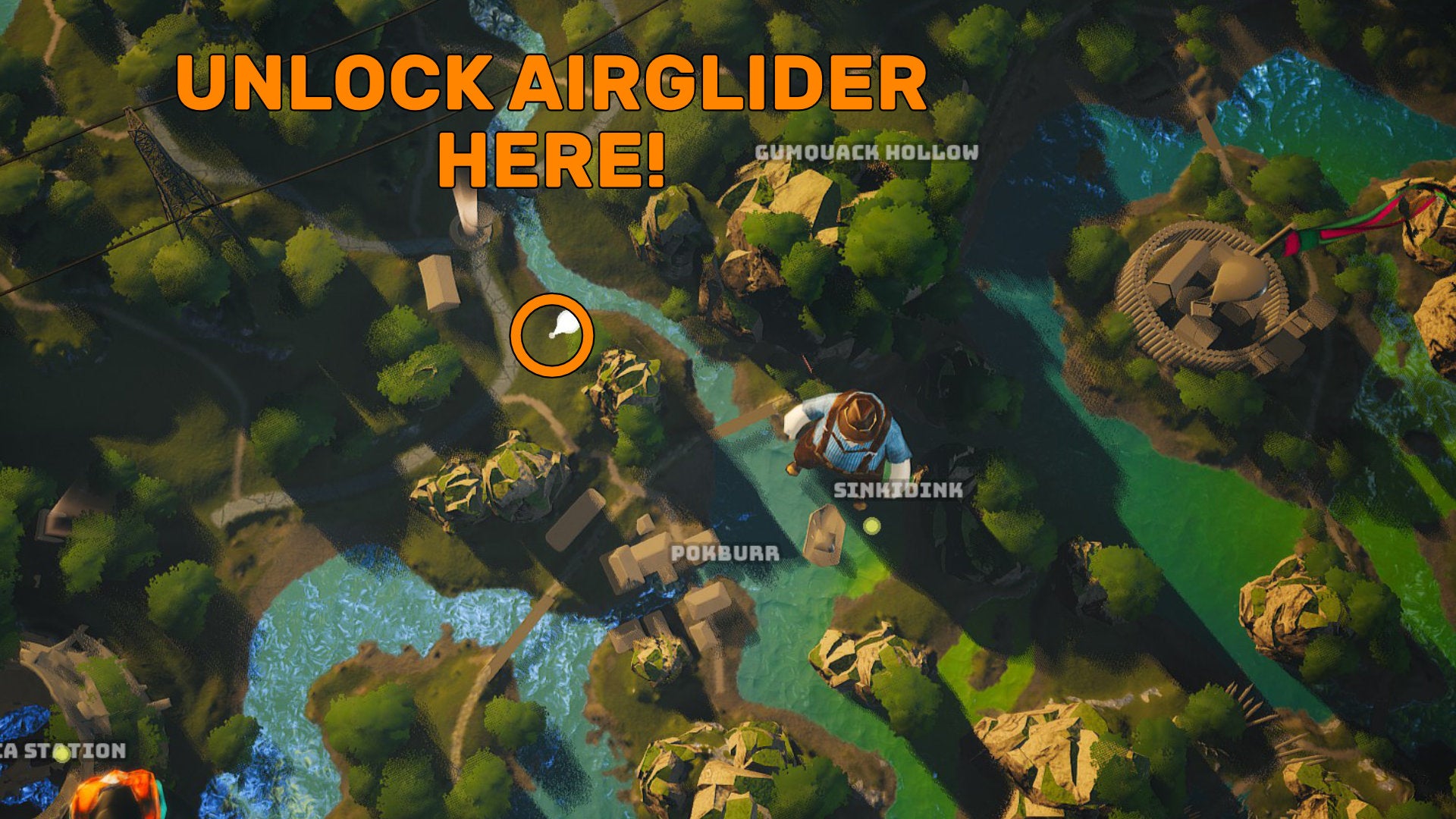 A screenshot of part of the Biomutant map, with a "mirage" side quest location highlighted where you can unlock the Airglider automaton upgrade.