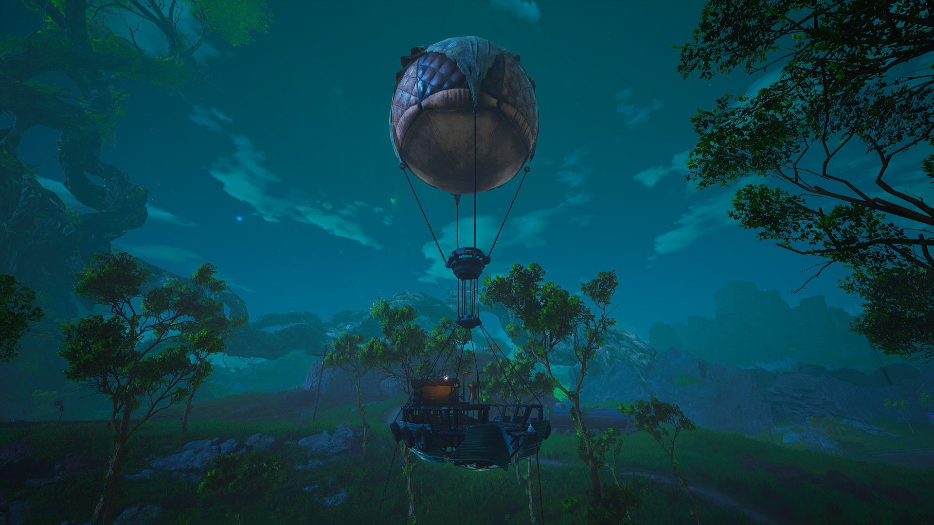 A Biomutant screenshot of a hot air balloon at night. These balloons mark the locations of Upgrade Benches scattered across the world.
