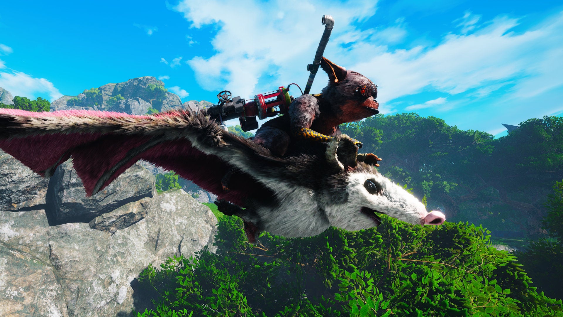 A Biomutant screenshot of the player riding Batnamnam, a flying mount.
