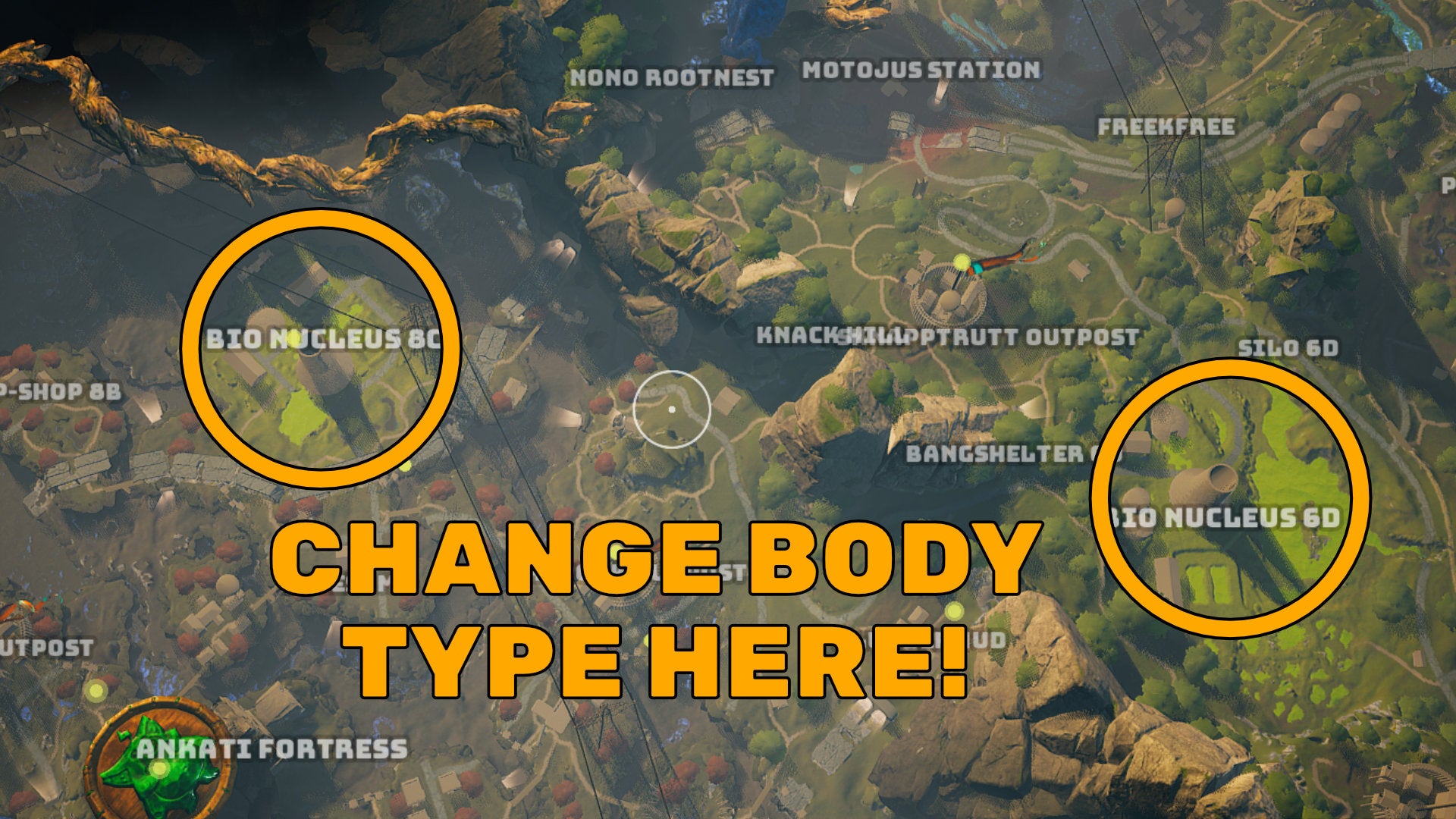 A screenshot of part of the Biomutant map, with the locations where you can go to change your body type highlighted.
