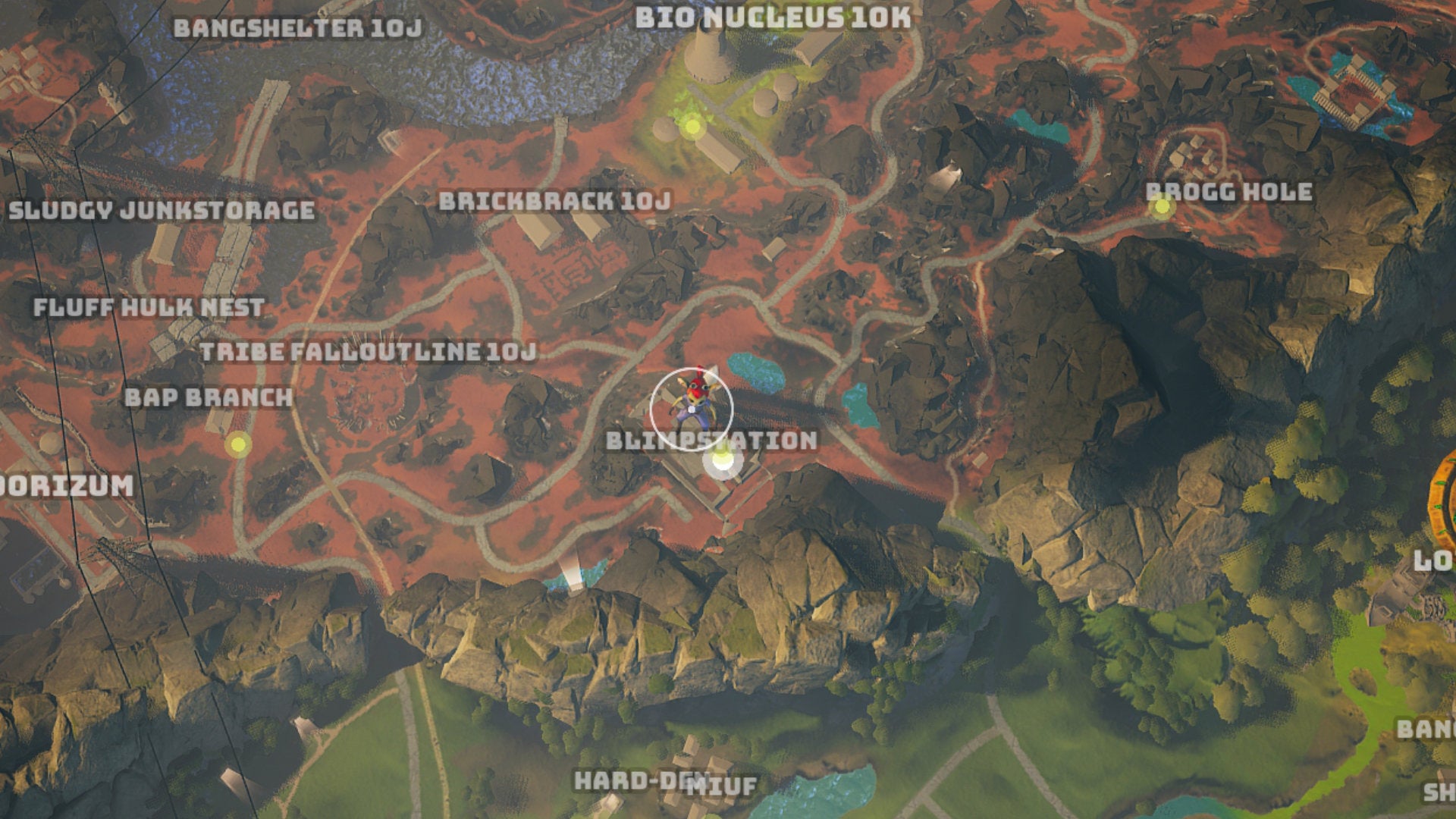 A screenshot of part of the Biomutant map, with the Blimpstation where Lobo resides highlighted.