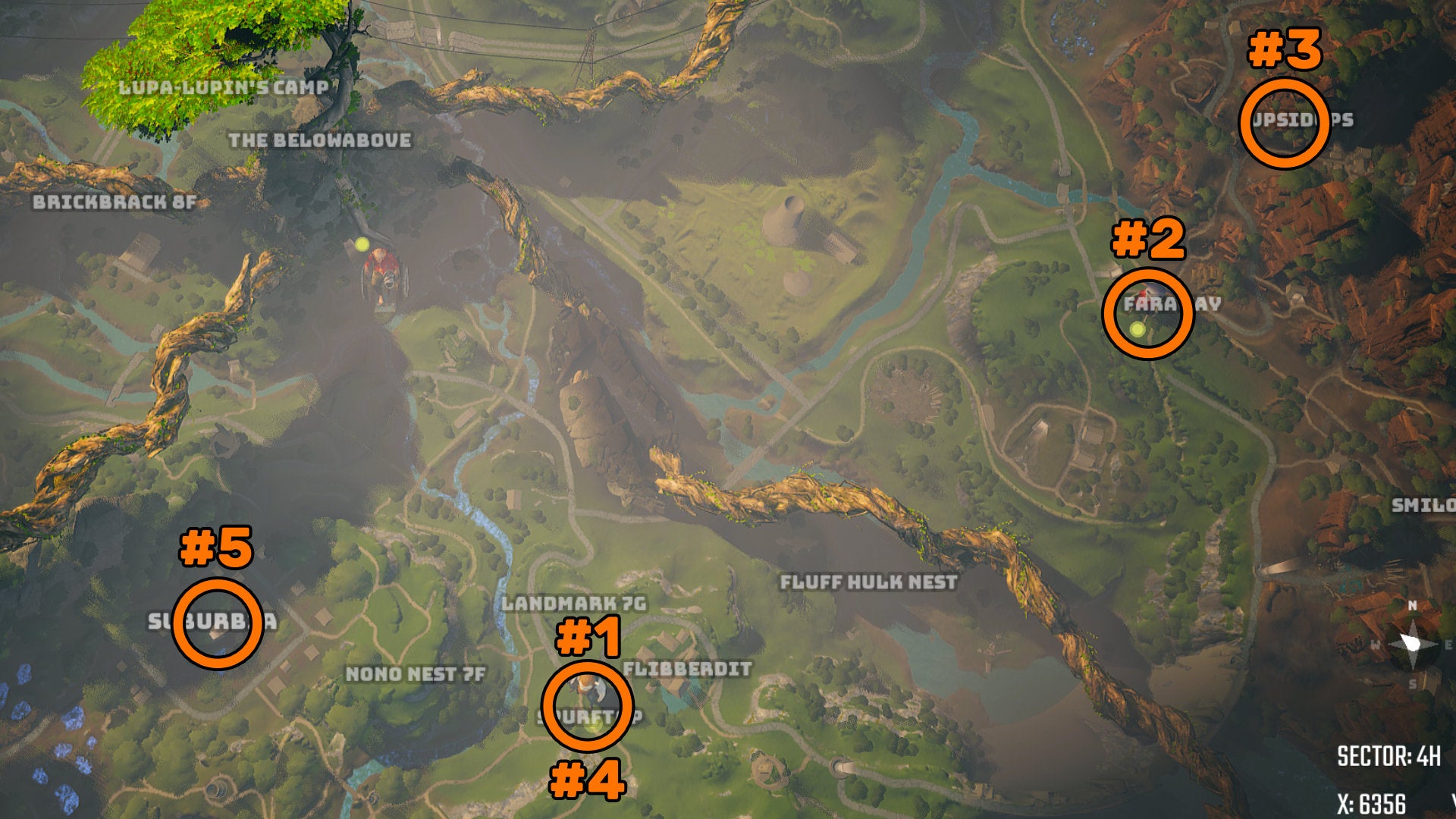 A screenshot of part of the Biomutant map, annotated with the steps to unlock the ability to change your appearance.