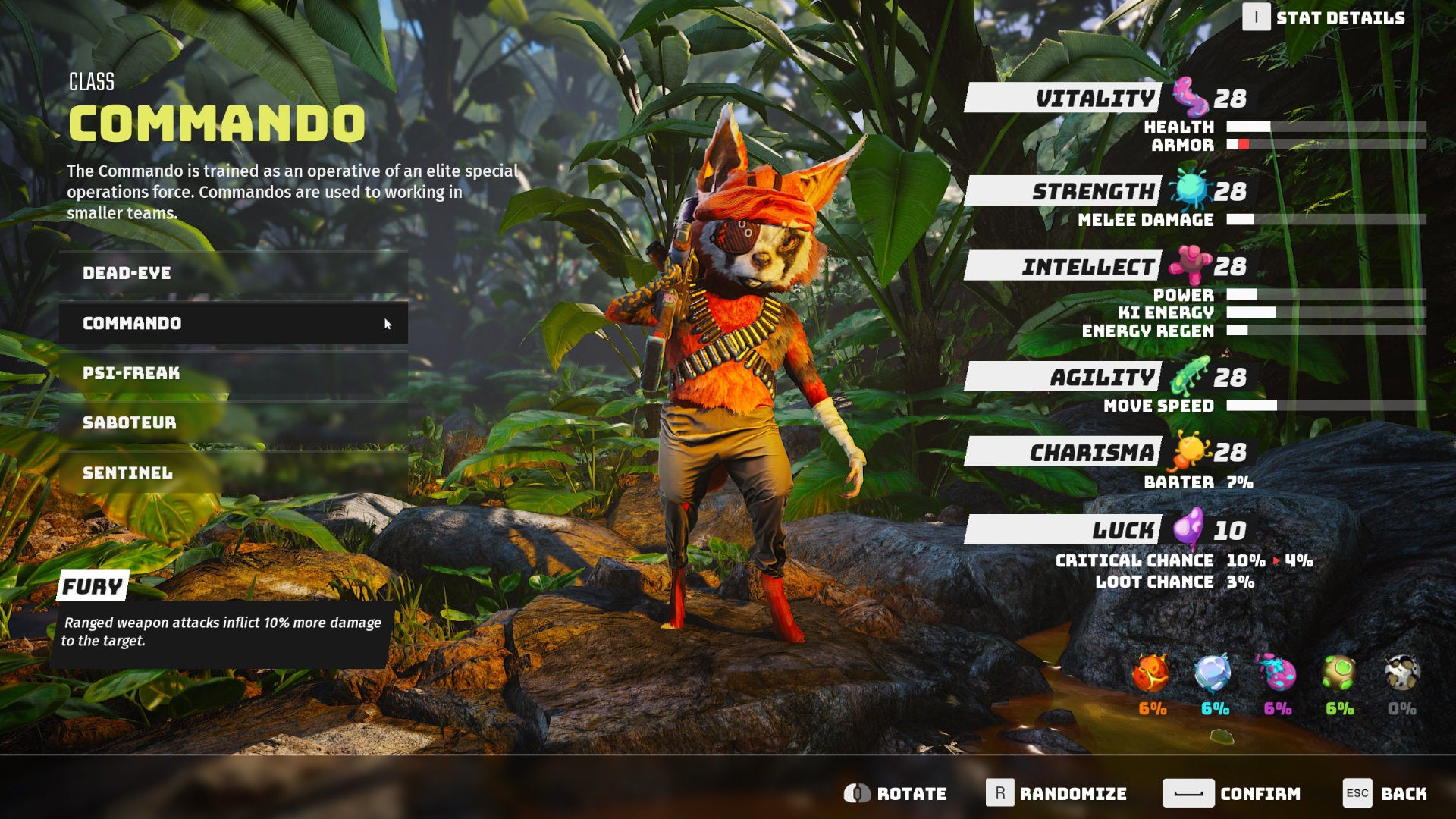 A Biomutant screenshot of the character creation and class selection screen, with the Commando class selected.