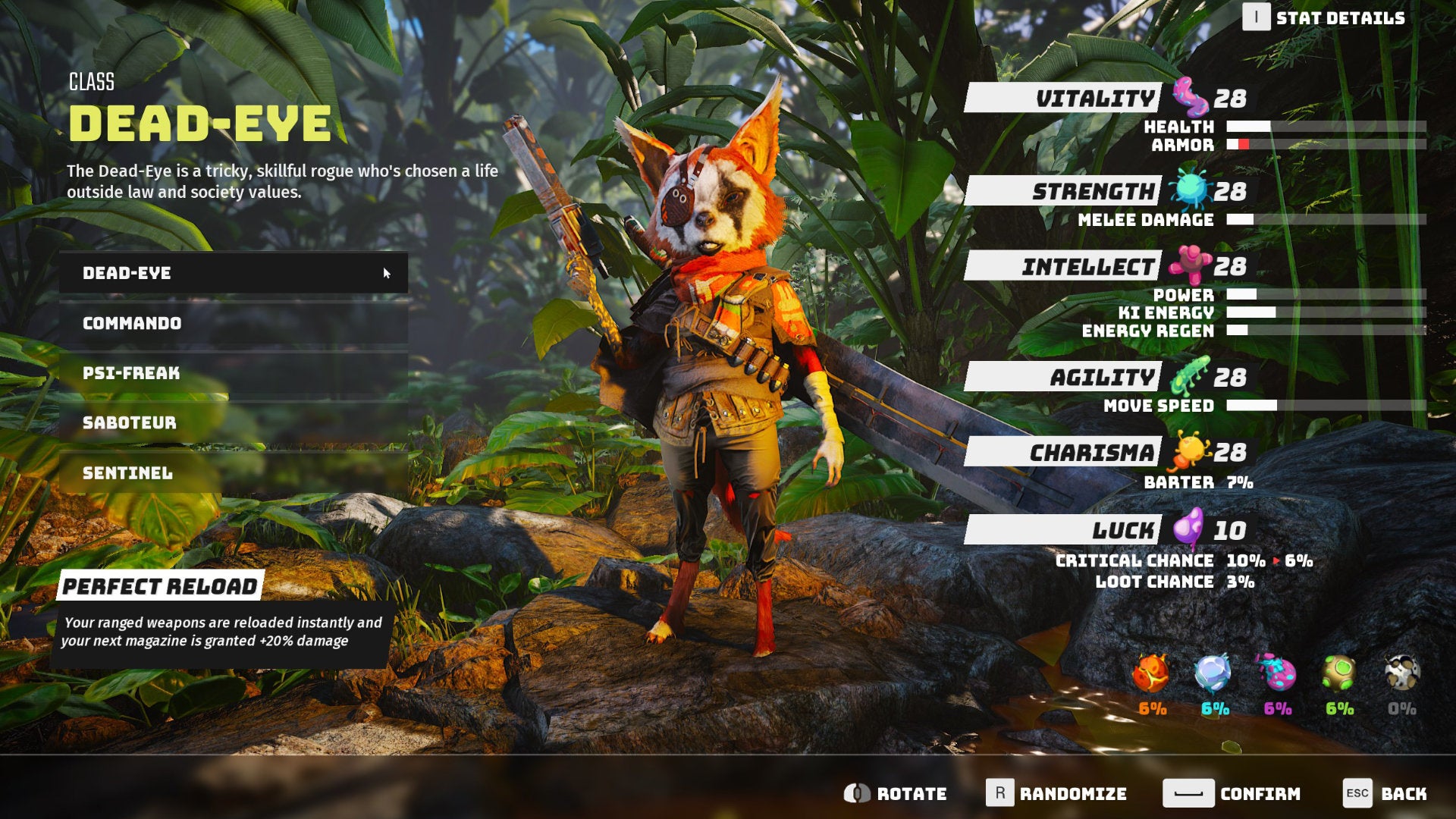 A Biomutant screenshot of the character creation and class selection screen, with the Dead-Eye class selected.