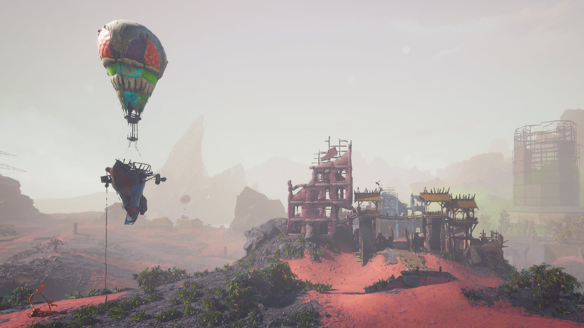 A Biomutant screenshot of the Gullblimp anchored outside an outpost.