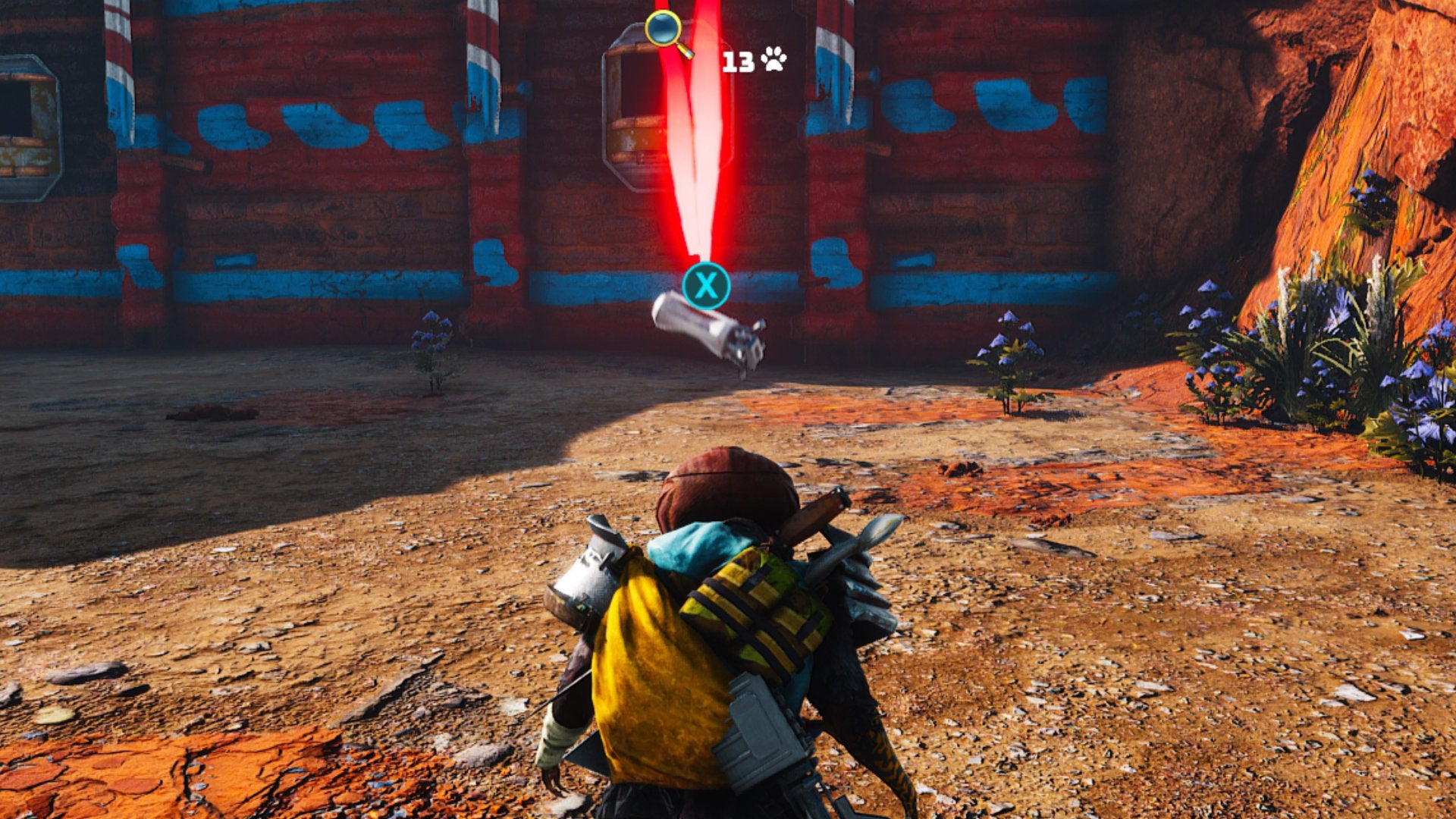 A Biomutant screenshot of a boomhut in an outpost firing a grenade at the player.