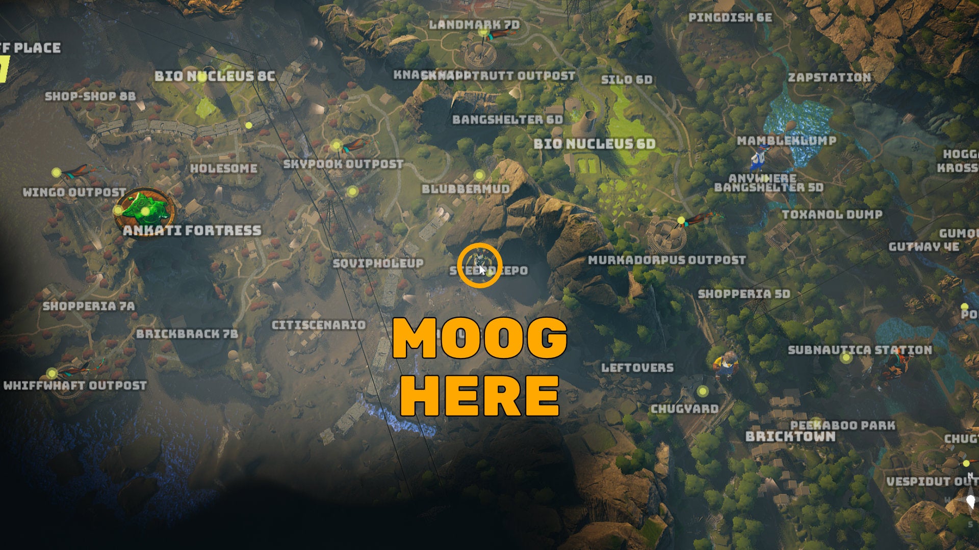 A screenshot of part of the Biomutant map, with the location of the character Moog highlighted.