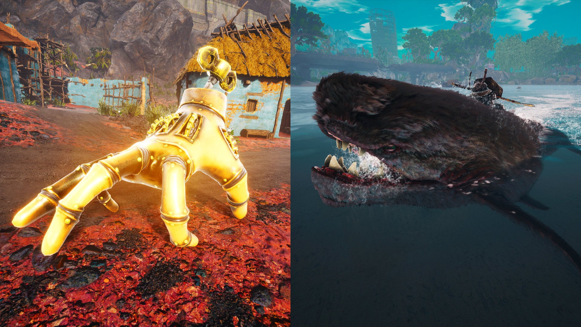 Two Biomutant screenshots of different mount types. On the left is the Mekafingro, and on the right is the Pee-Wee Gargantua.