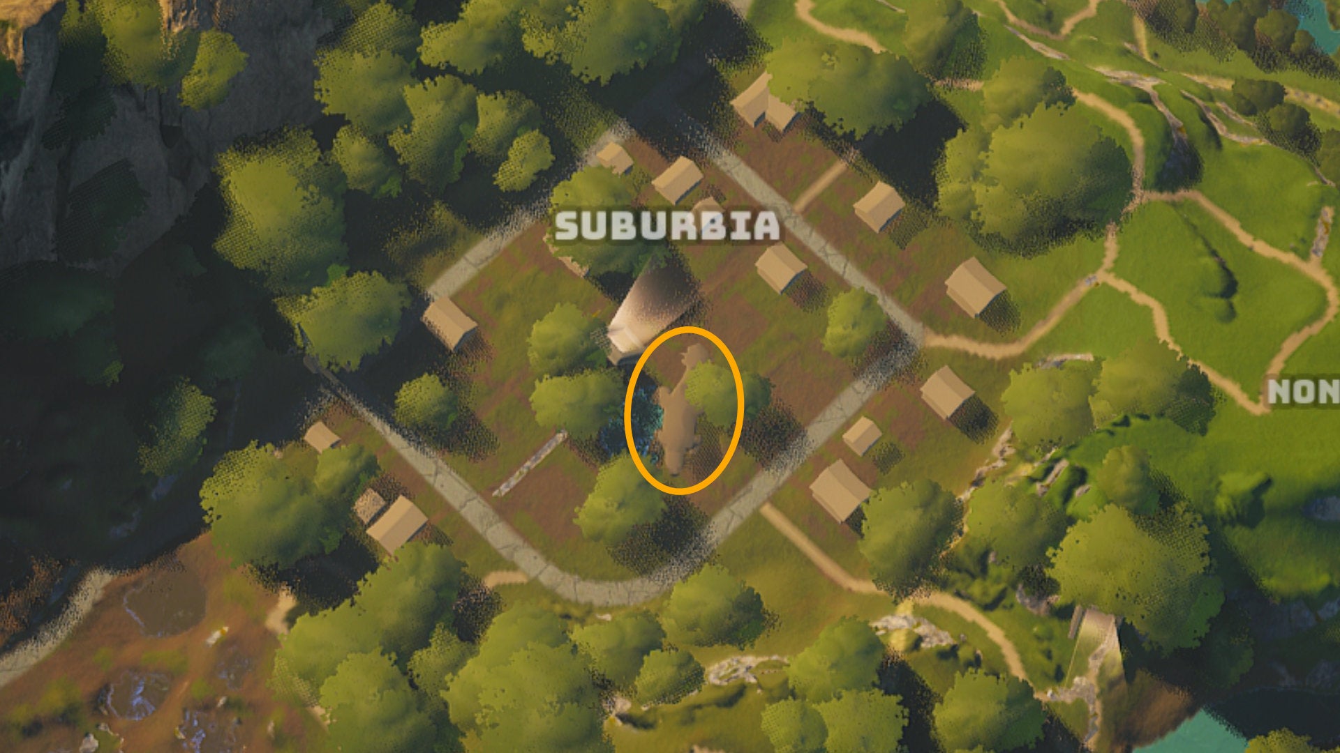 A screenshot of Suburbia on the Biomutant map, with the area's monster highlighted.