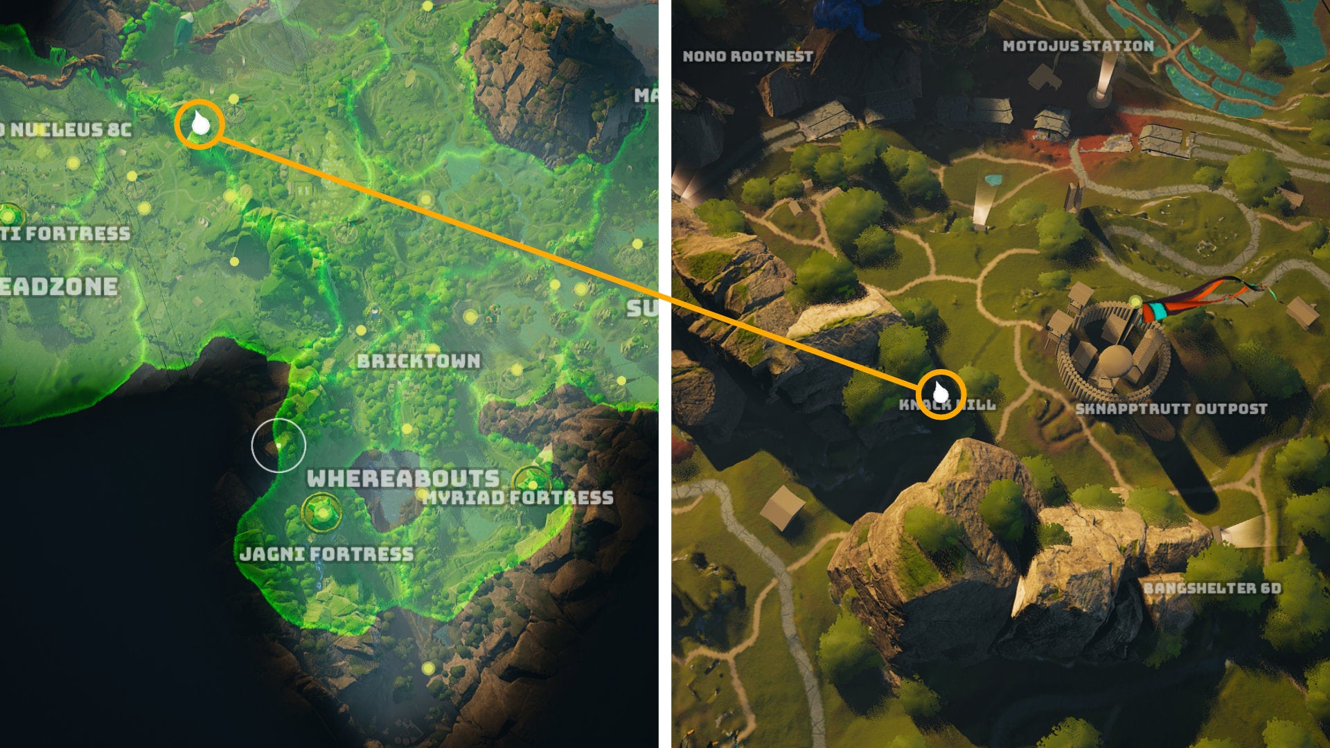 Um par de screenshots de partes do mapa Biomutant, com a localização do personagem Pebble em destaque.
