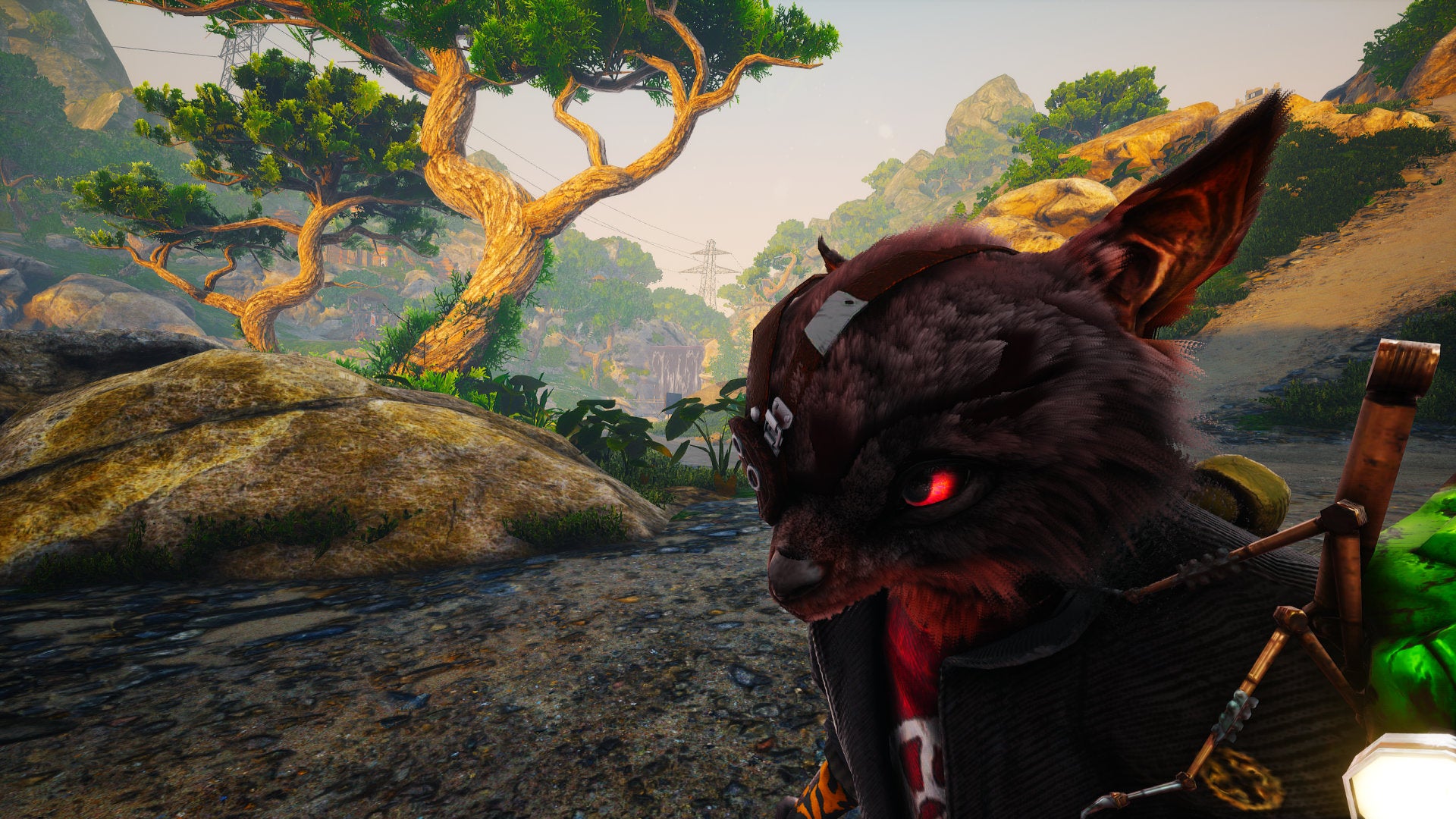 A screenshot taken using Biomutant's in-game Photo Mode of the character's face, with trees in the background.