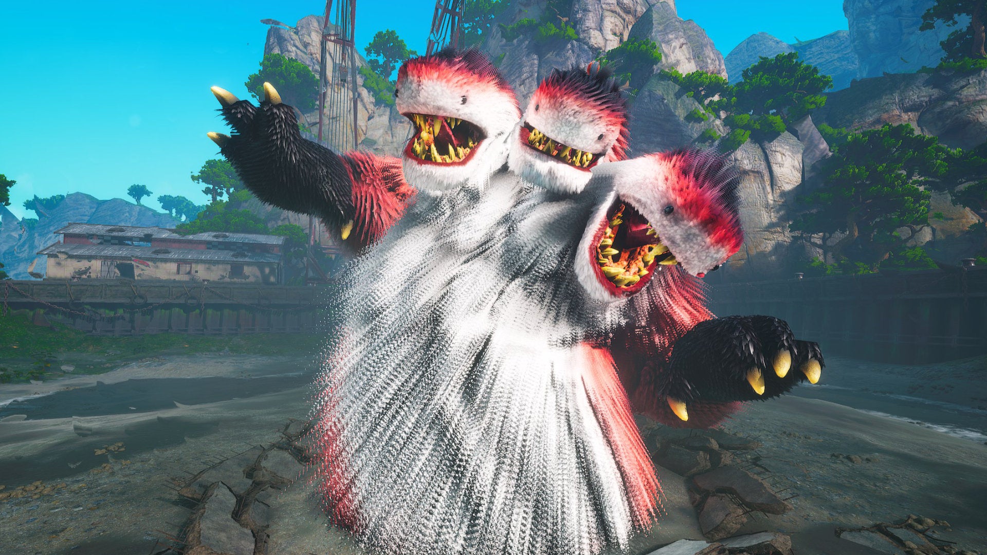 A Biomutant screenshot of the Porky Puff boss, during the land phase of the boss fight.