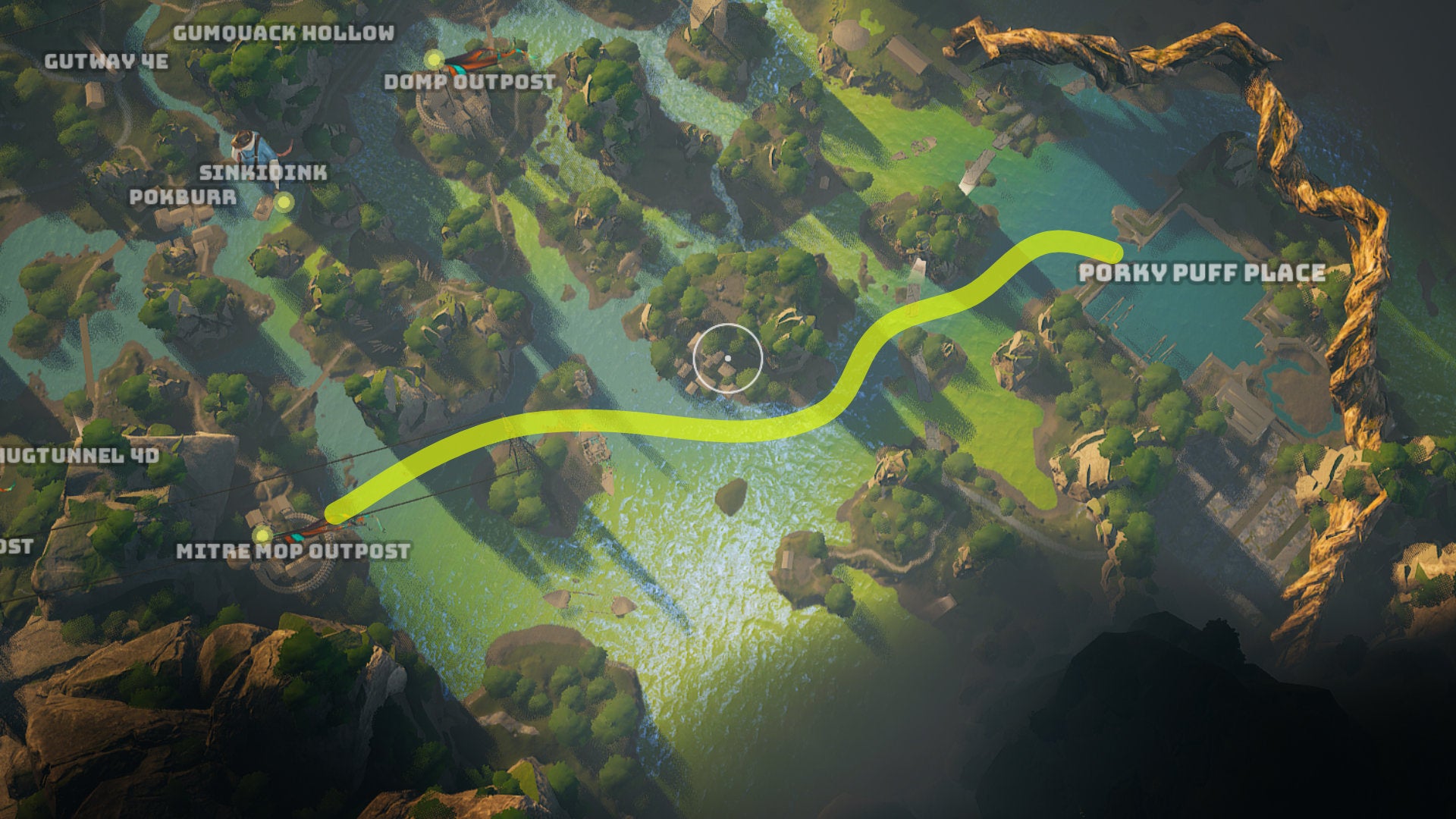 A screenshot of part of the Biomutant map, highlighting the route through clear water towards the Porky Puff boss location.