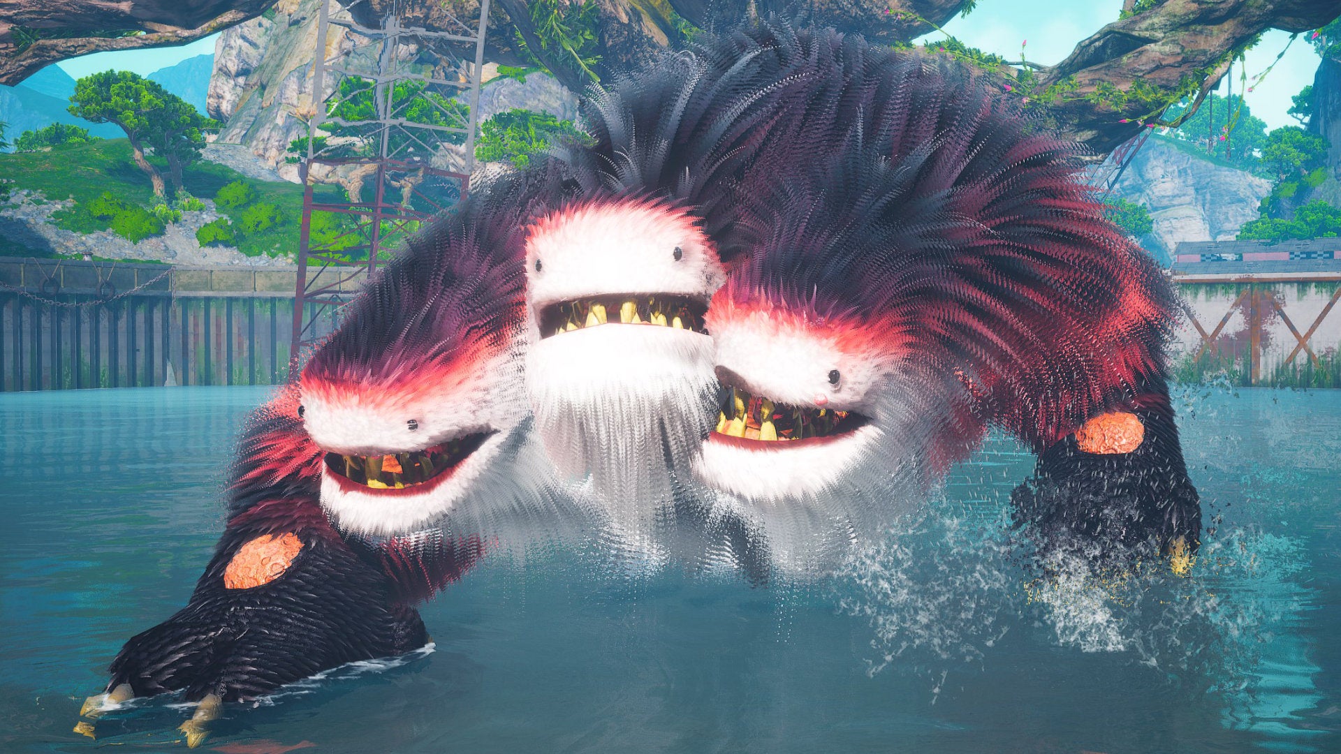 A Biomutant screenshot of the Porky Puff boss, during the water phase of the boss fight.