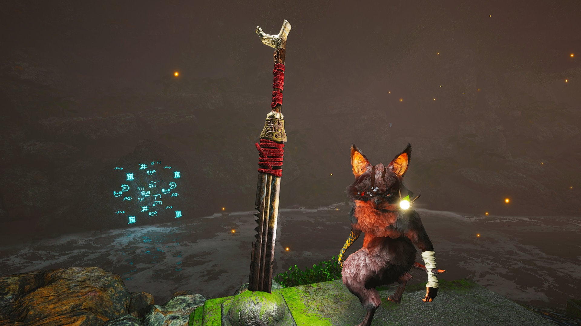 A Biomutant screenshot of the Pri Murgel Sword, which can be found inside the Riddleroom.