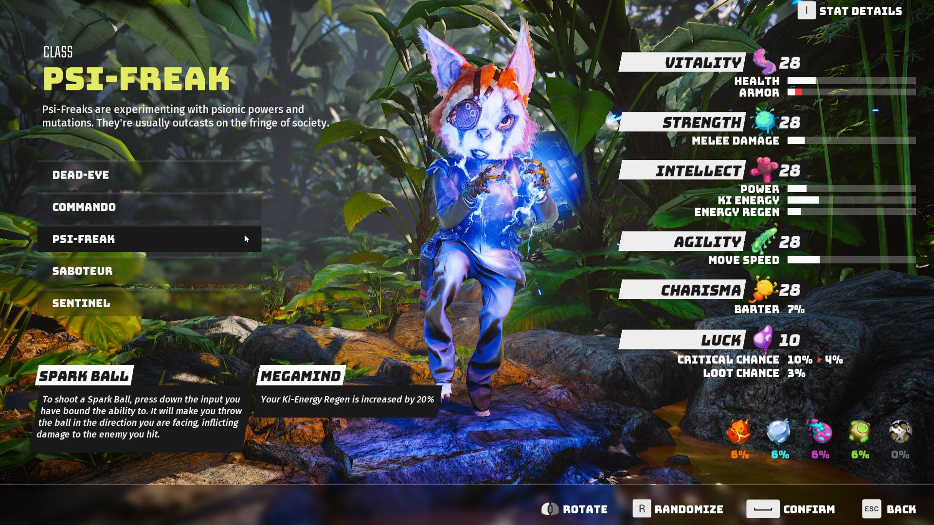 A Biomutant screenshot of the character creation and class selection screen, with the Psi Freak class selected.