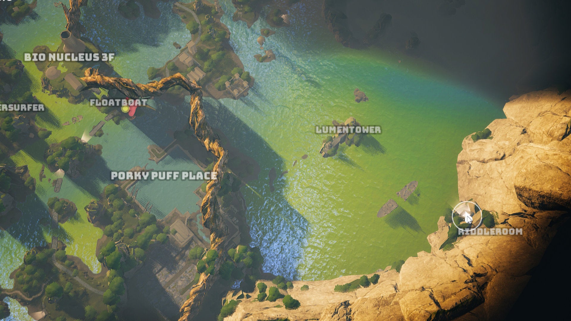 A screenshot of part of the Biomutant map showing the location of the Riddleroom and the Lumentower.