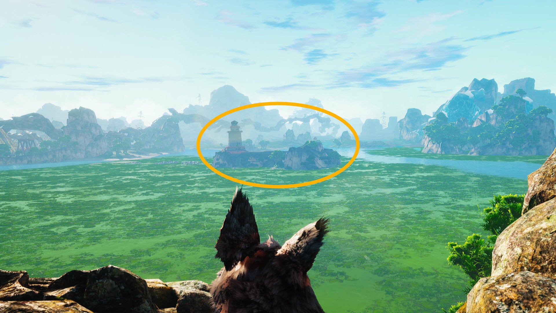 A Biomutant screenshot of the Lumentower as seen from the location of the Riddleroom.