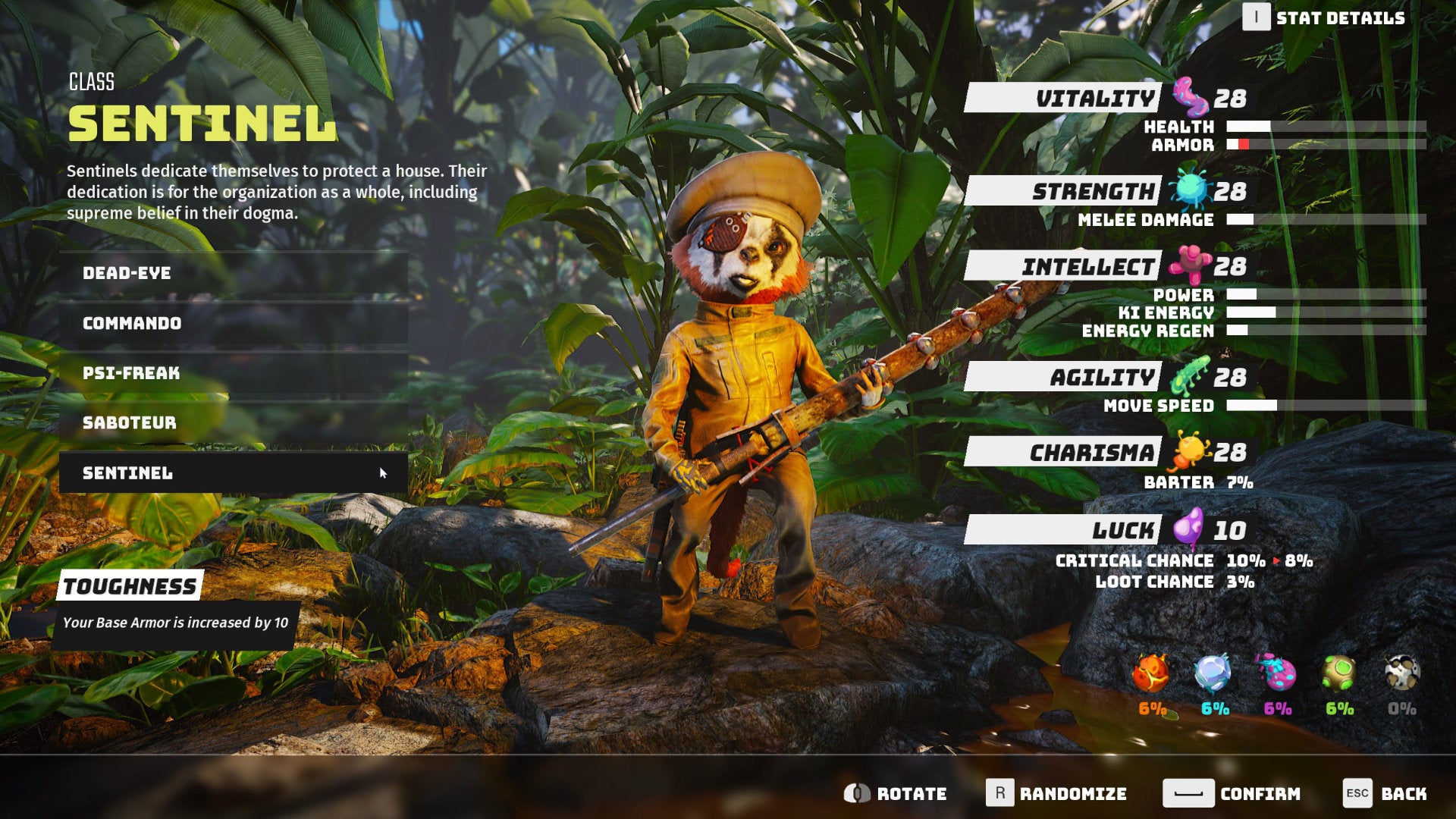 A Biomutant screenshot of the character creation and class selection screen, with the Sentinel class selected.