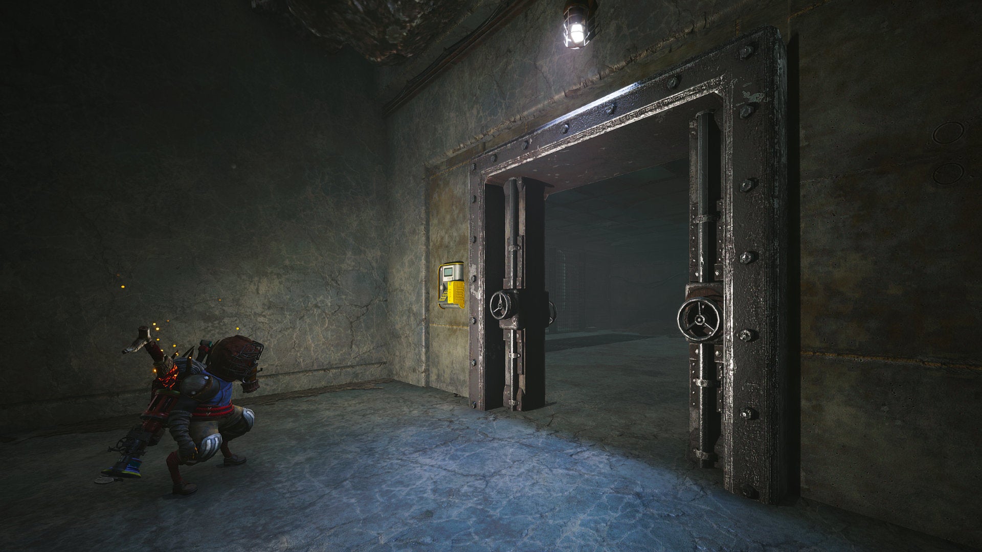 A Biomutant screenshot of the Surburbia Old World Vault door opened with the player standing outside it.