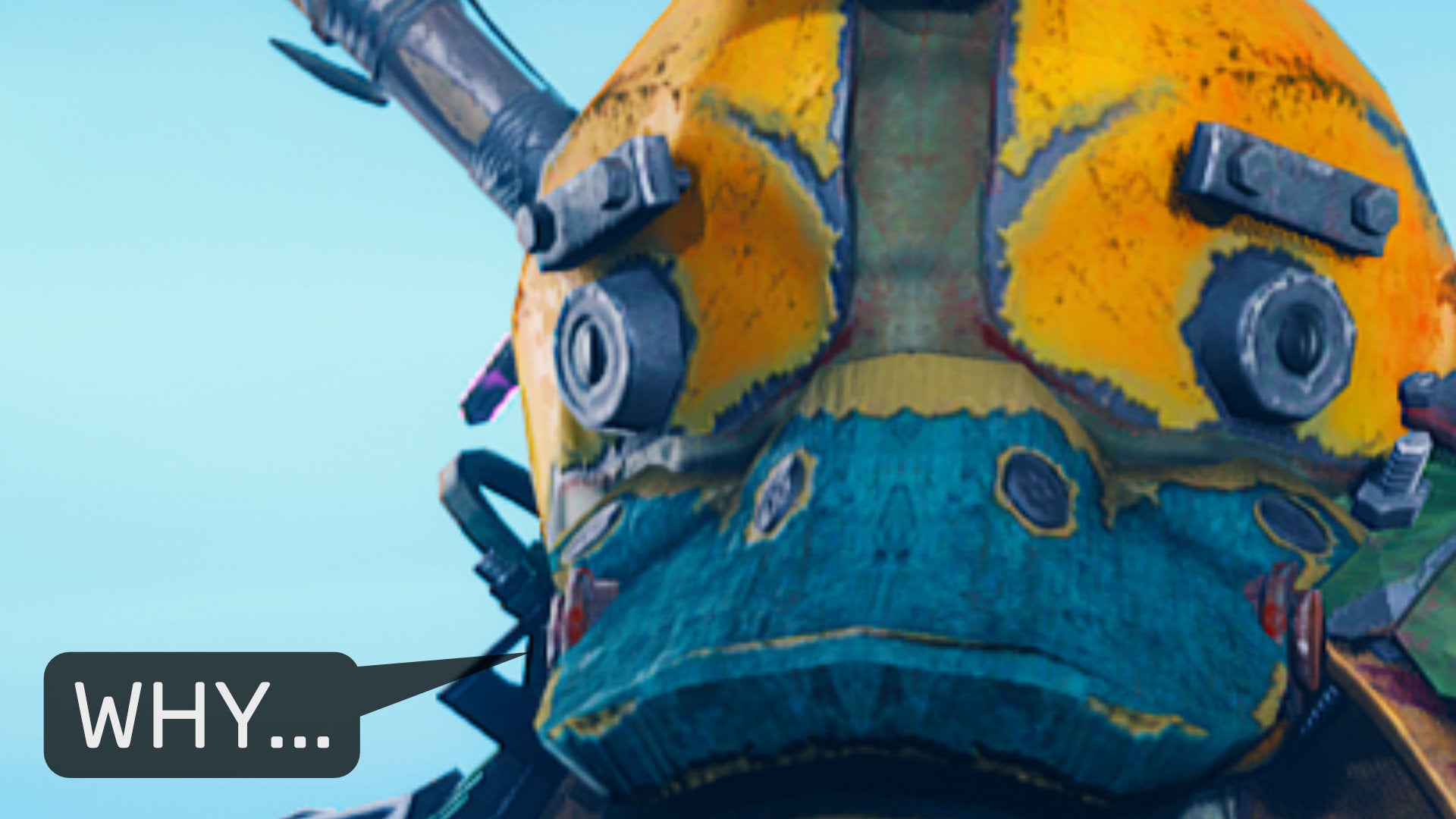 A close-up screenshot of the main character in Biomutant wearing a duck helmet, with a speech bubble next to them that says "Why...".