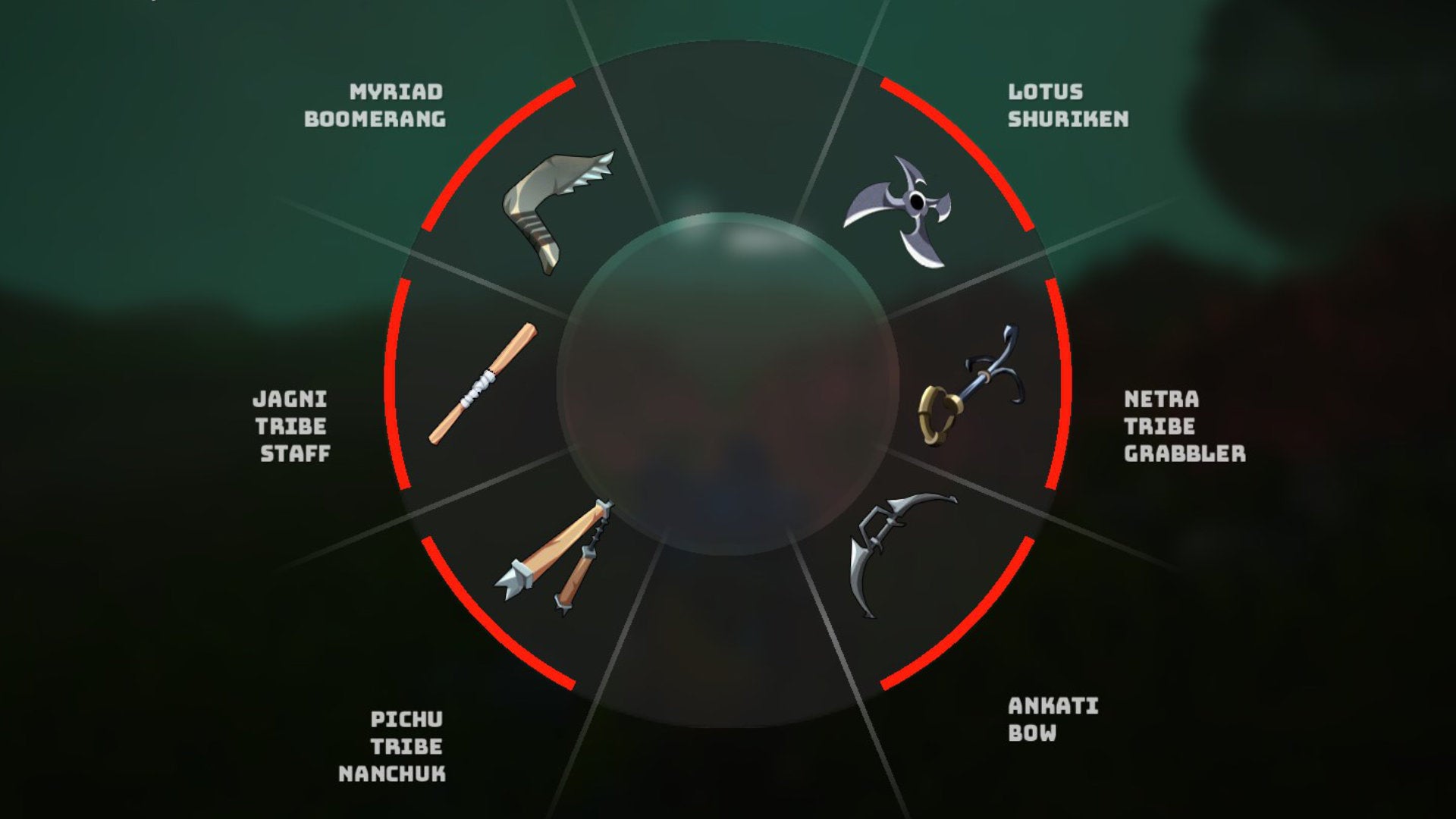A Biomutant screenshot of the weapon selection wheel with each of the six unique tribe weapons displayed.