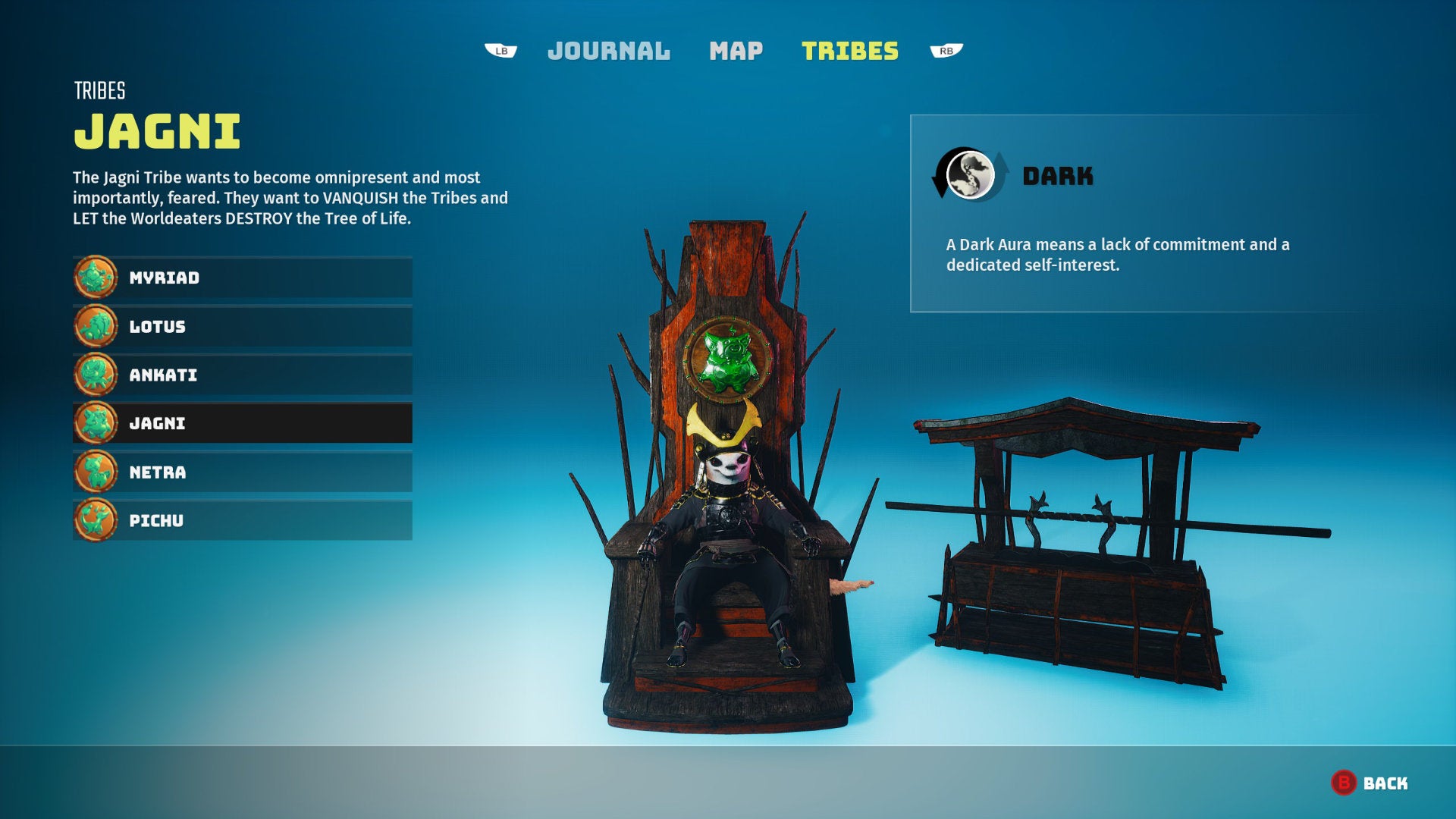 A Biomutant screenshot of the Tribes screen in the pause menu, showcasing the Jagni tribe.