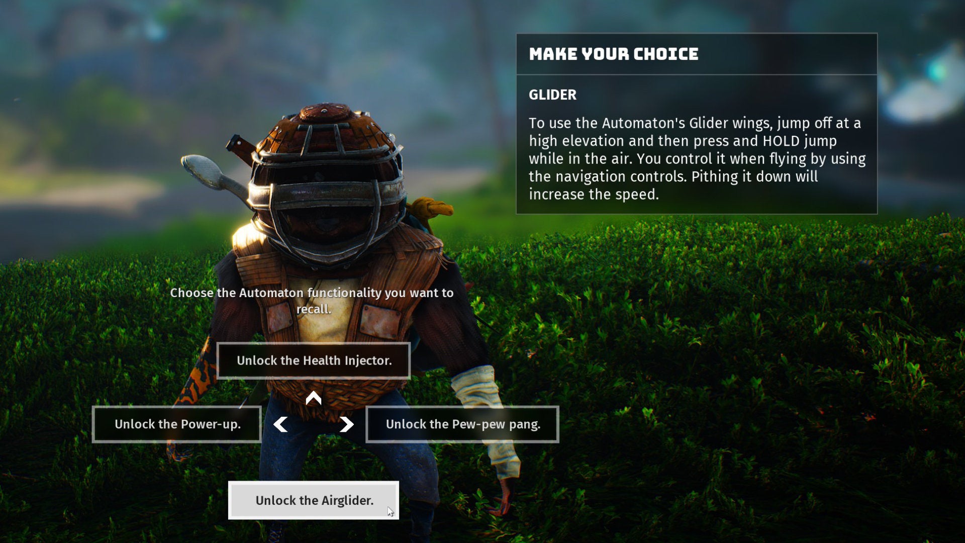 A Biomutant screenshot of the Automaton upgrade unlock screen, with the Airglider upgrade highlighted.