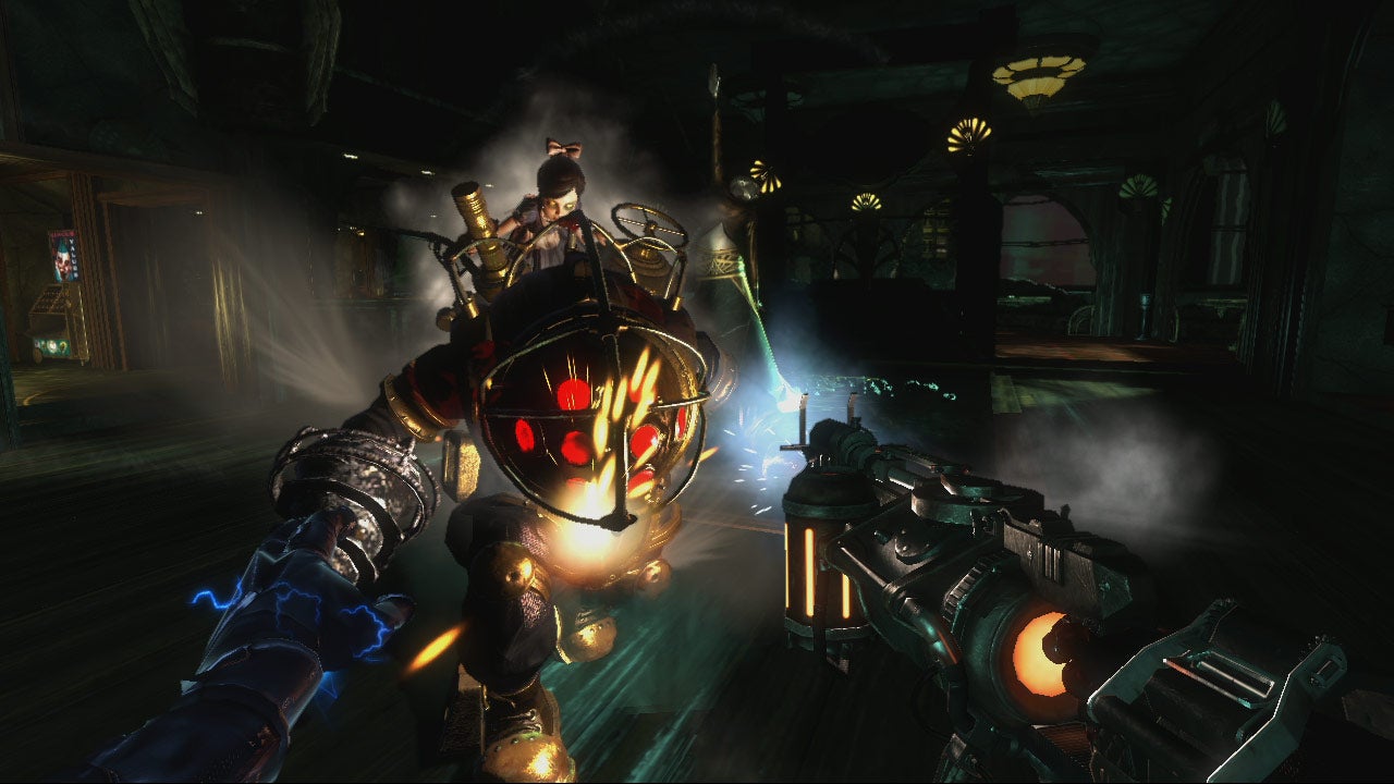 The player fights a large monster with a drill for a hand and a diving bell for a head, who is being ridden by a small girl in Bioshock 2