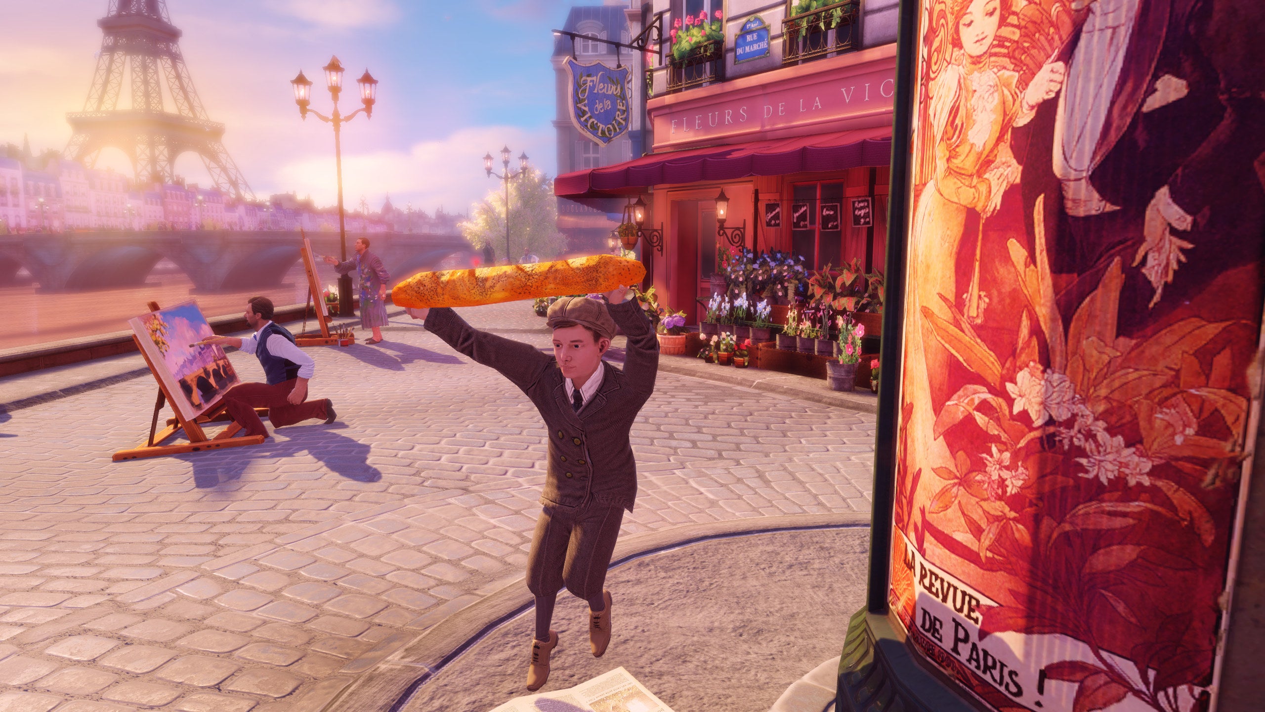 A boy dances around holding a baguette on the streets of Paris in a BioShock Infinite: Burial At Sea Part 2 screenshot.