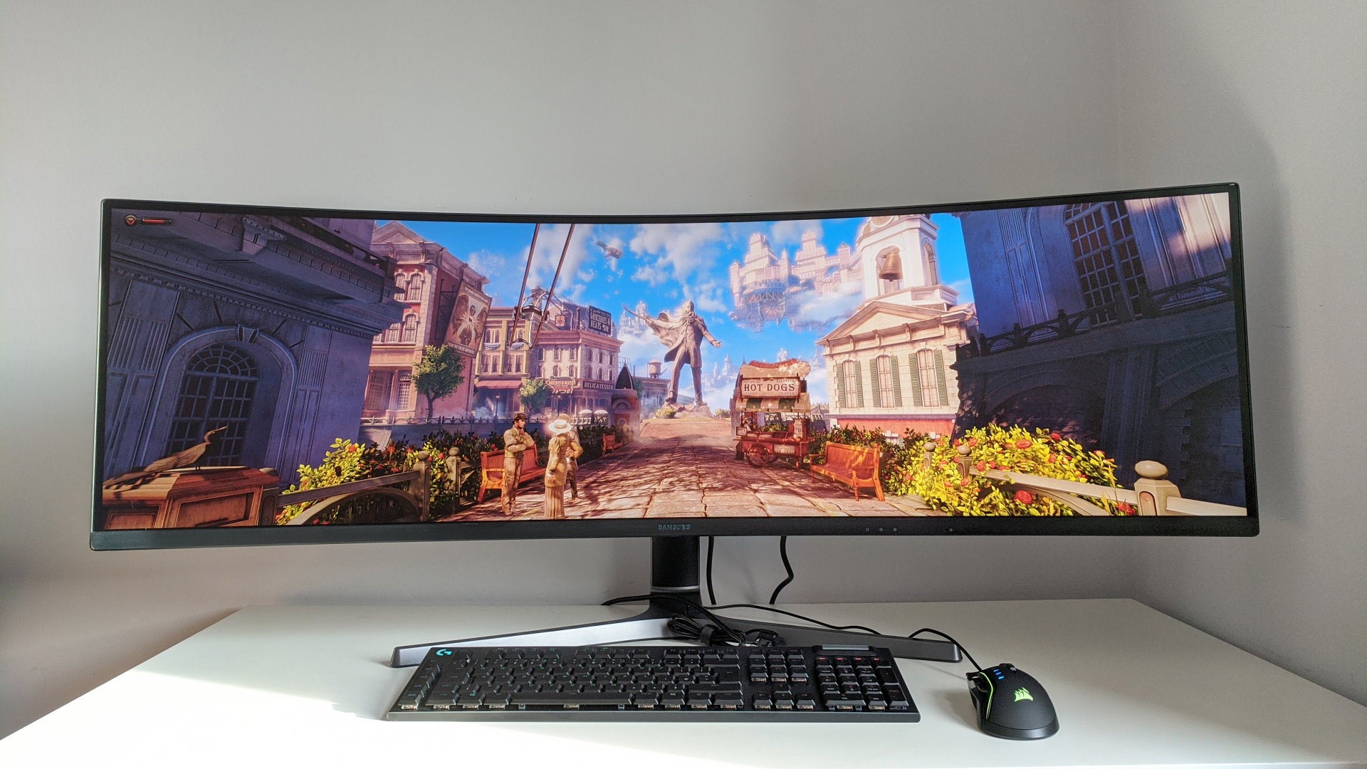 A photo of an ultrawide gaming monitor running Bioshock Infinite