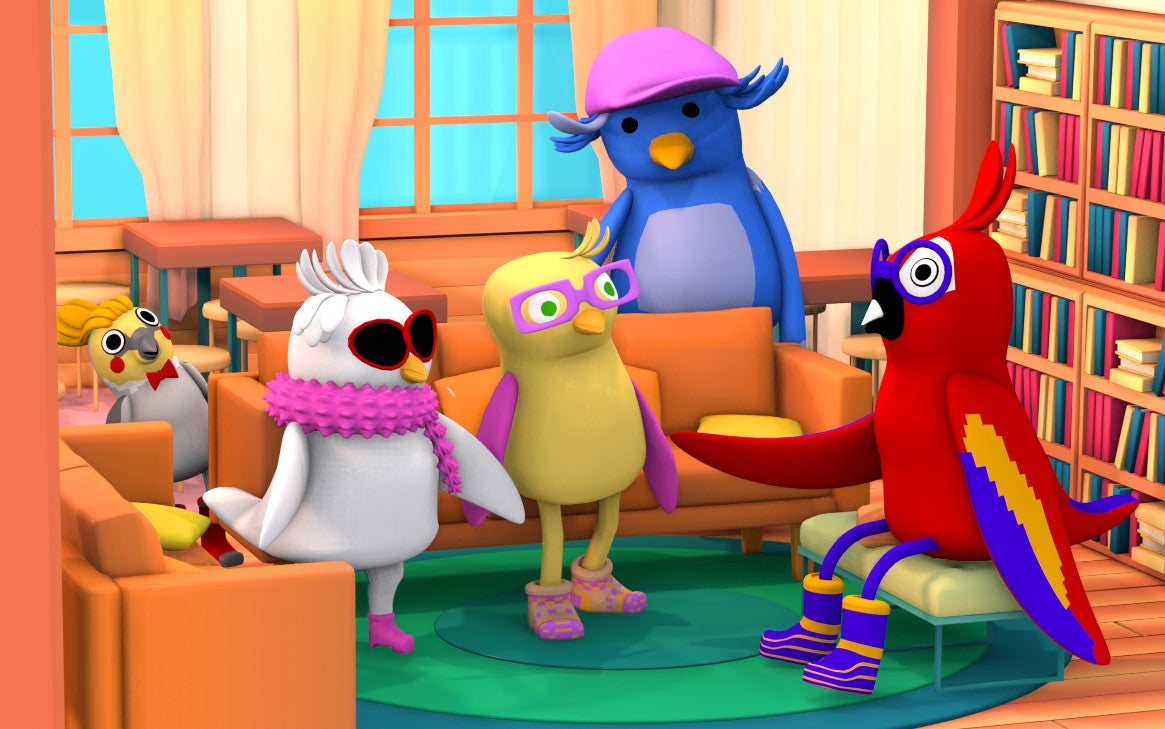 A screenshot of the cast of Bird Problems, a variety of different birds, all hanging out in a living room.