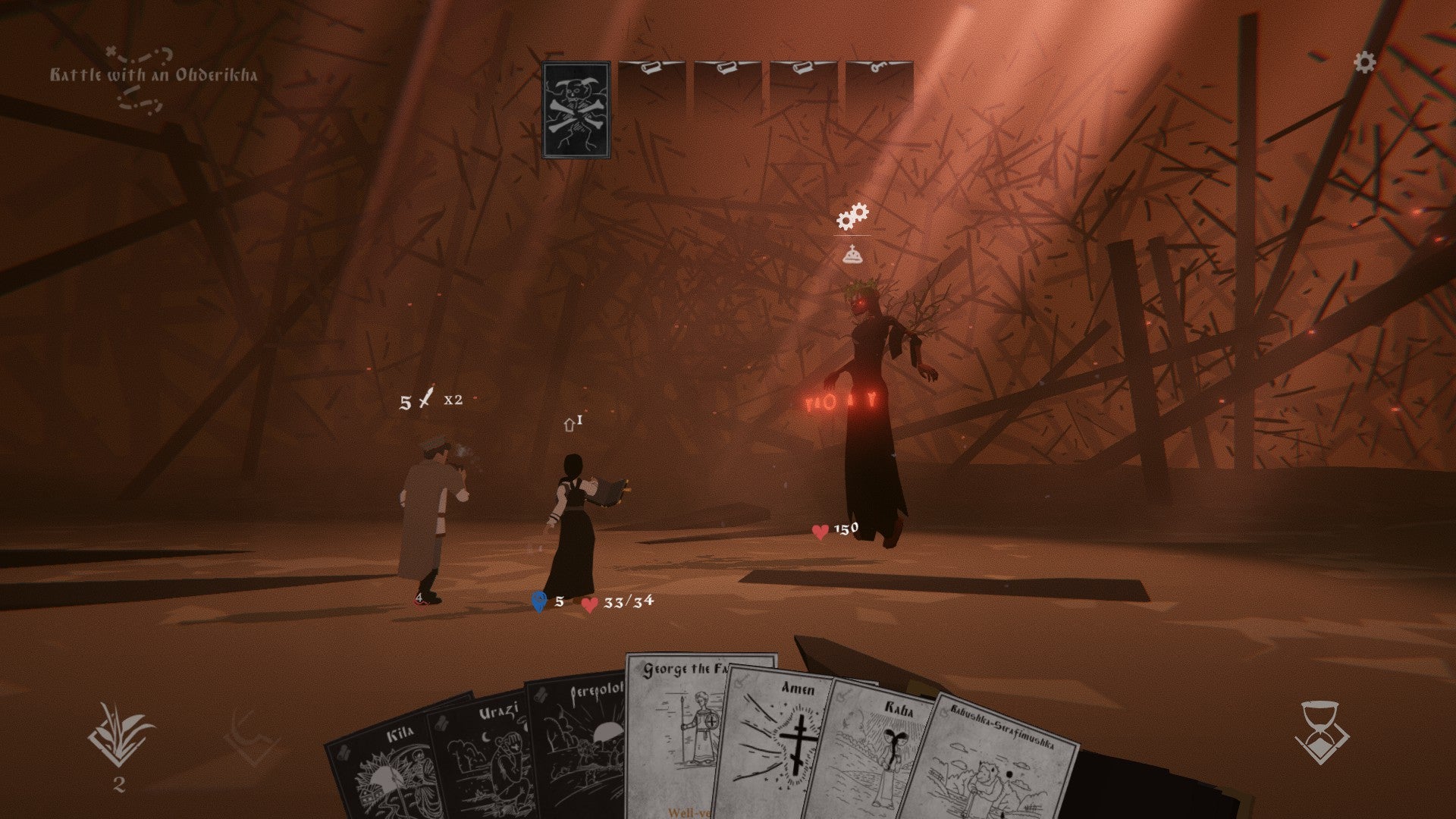 A card battle in Black Book. Vasilisa faces a tall, floating demon with red eyes. Her hand of cards is ranged along the bottom of the screen
