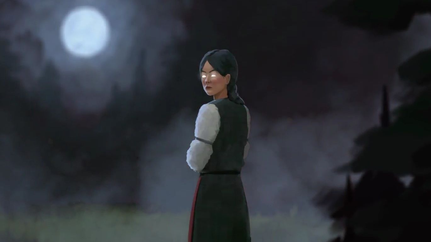 Vasilisa, the protagonist of black book, stands looking back over her shoulder at the camera. A full moon shines down from the sky on the left