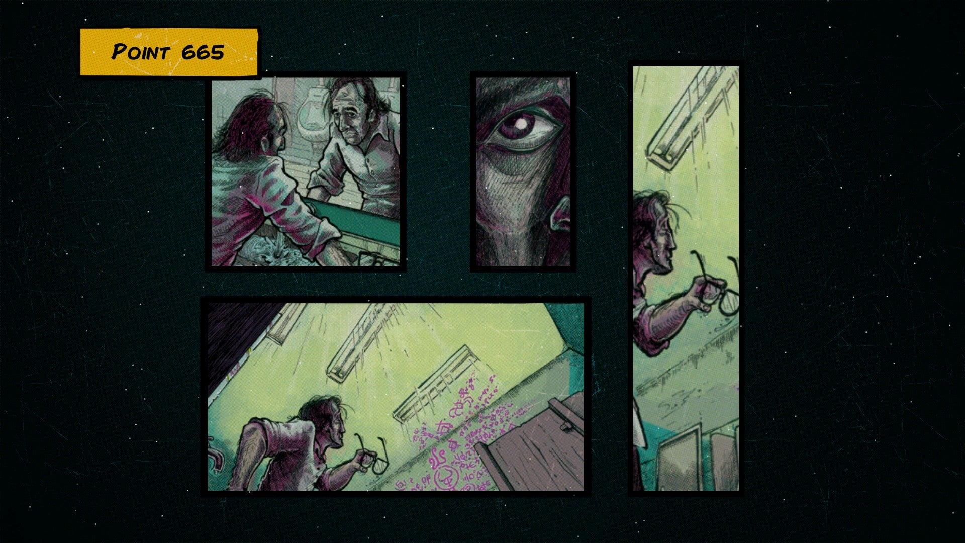 A screenshot from Blackout: The Darkest Night, arranged like a page in a comic book, showing the character looking at themselves in the mirror in a public bathroom, then having a vision of strange symbols appearing suddenly on the wall
