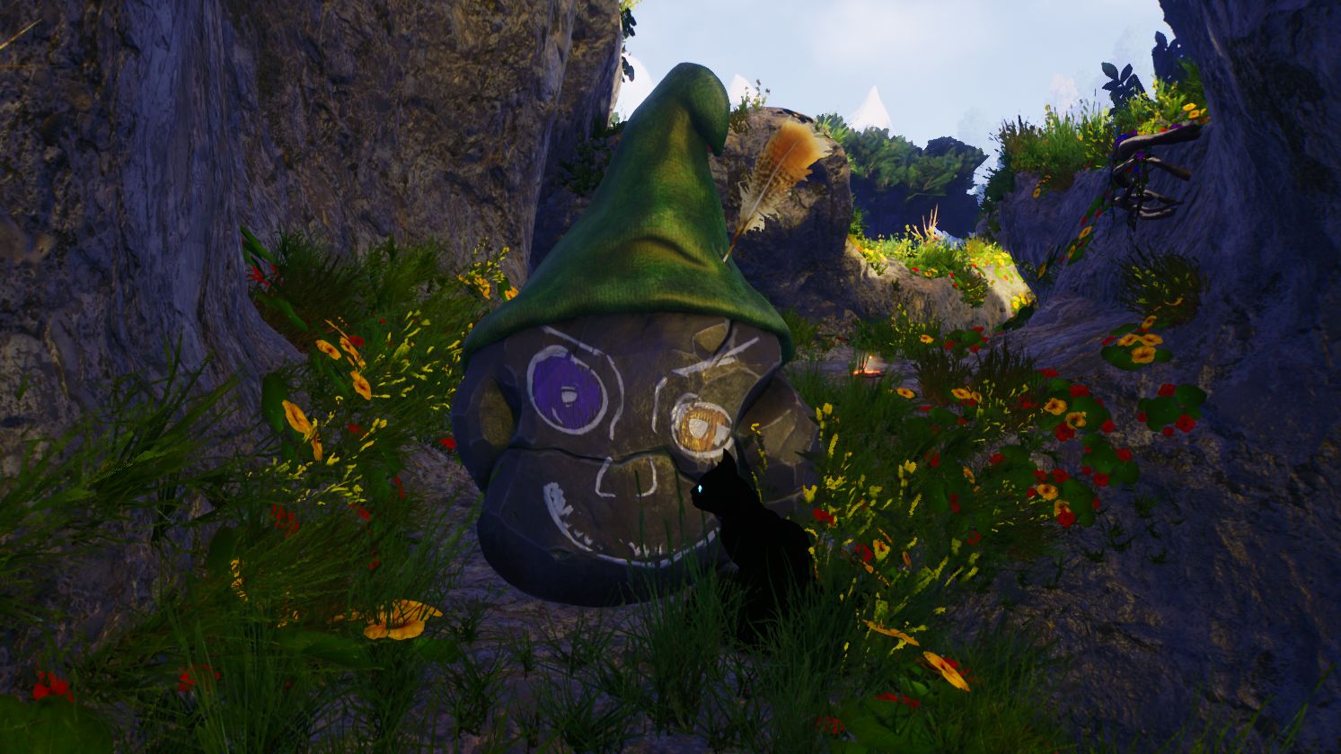 A big rock with a hat and a crudely painted face speaks to the player in Blacktail (via a cat)