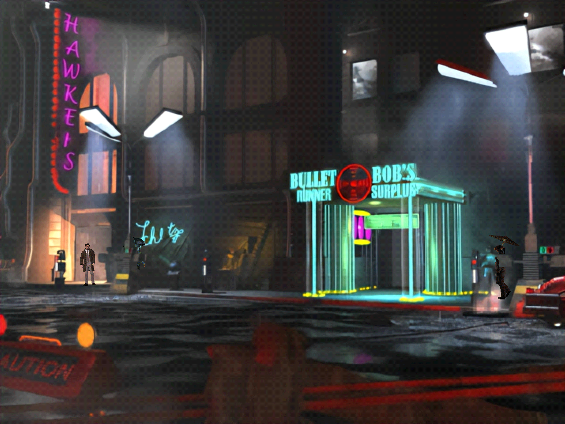 The rainy streets outside Bob's Bullet Runner shop in a Blade Runner: Enhanced Edition screenshot.
