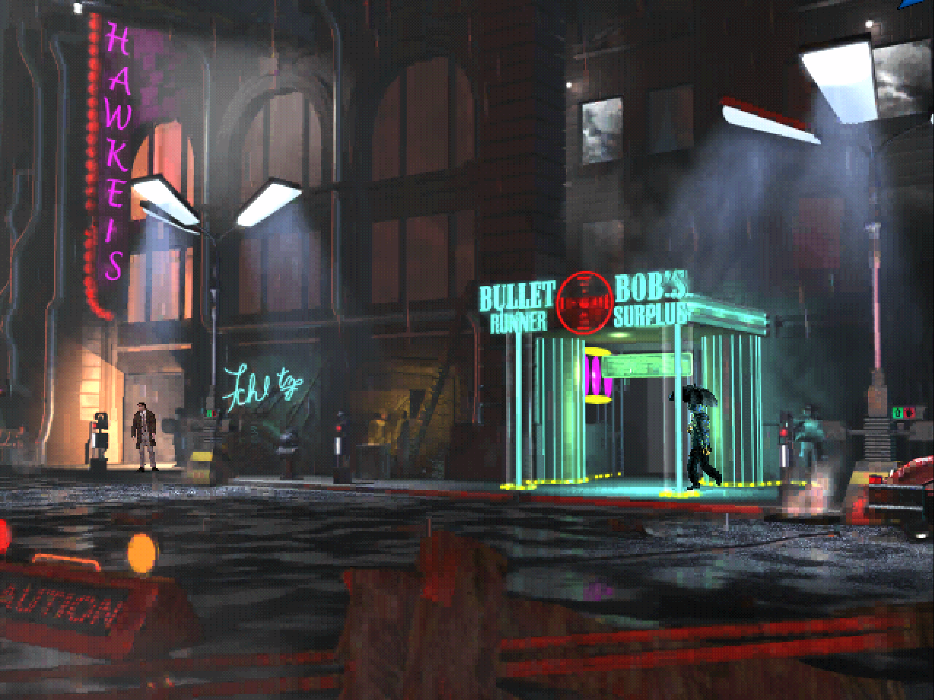 The rainy streets outside Bob's Bullet Runner shop in a Blade Runner ScummVM screenshot.