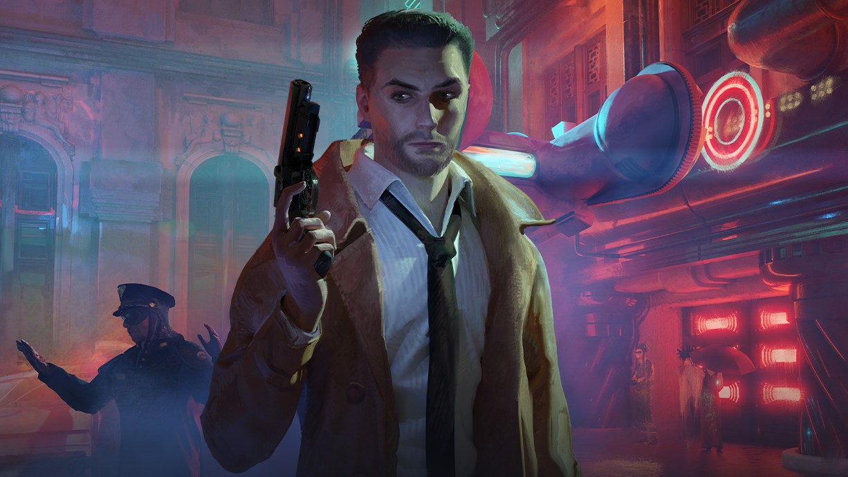 Ray McCoy poses with his gun in neon-lit streets in Blade Runner: Enhanced Edition's key art.