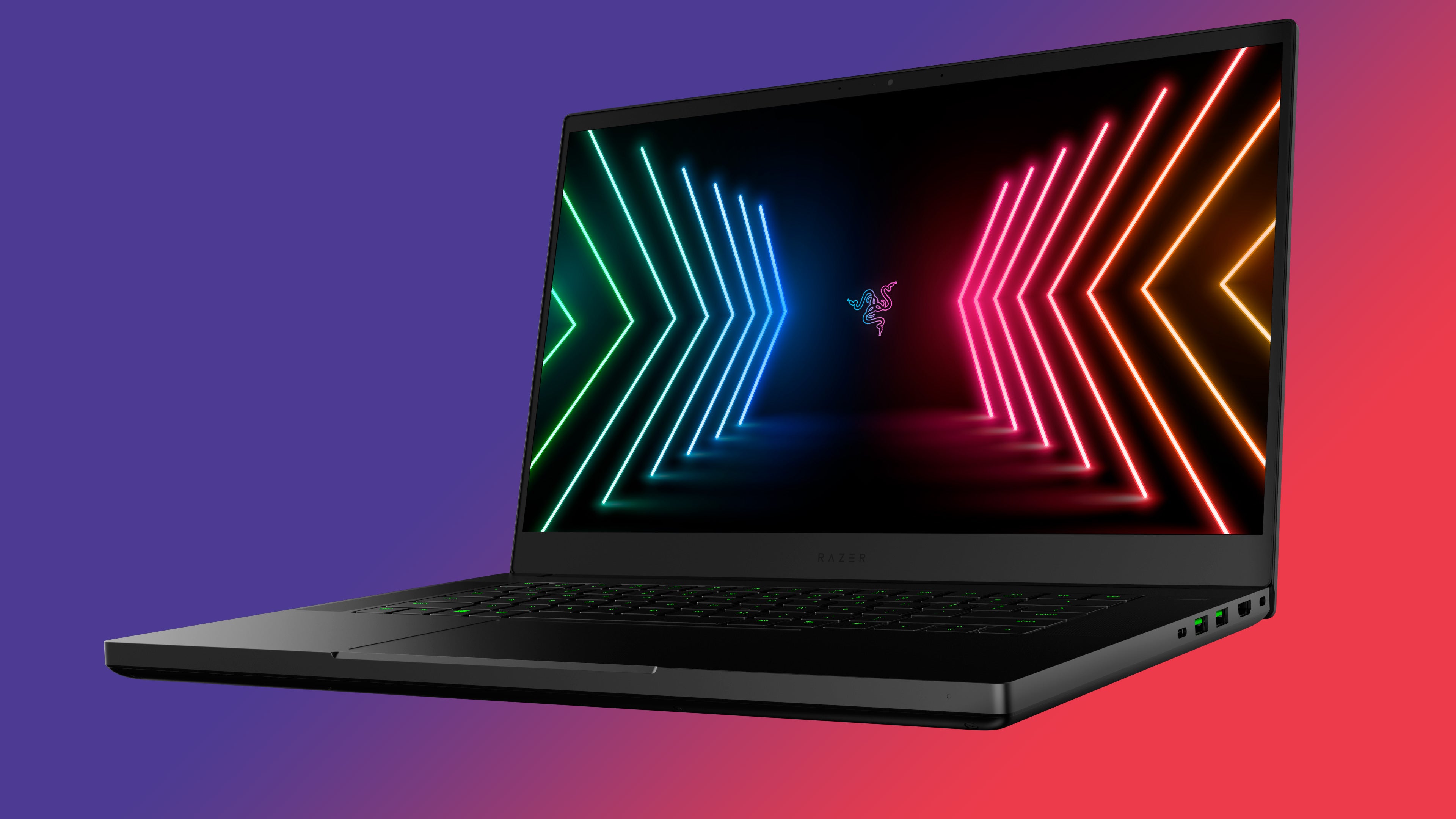 photo of a razer blade 15 base gaming laptop with rtx 3070 in front of a coloured background