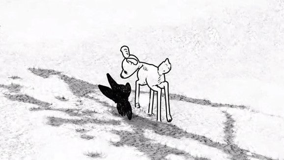 A Blanc screenshot showing the fawn and the wolf pup walking closely alongside each other through the snow