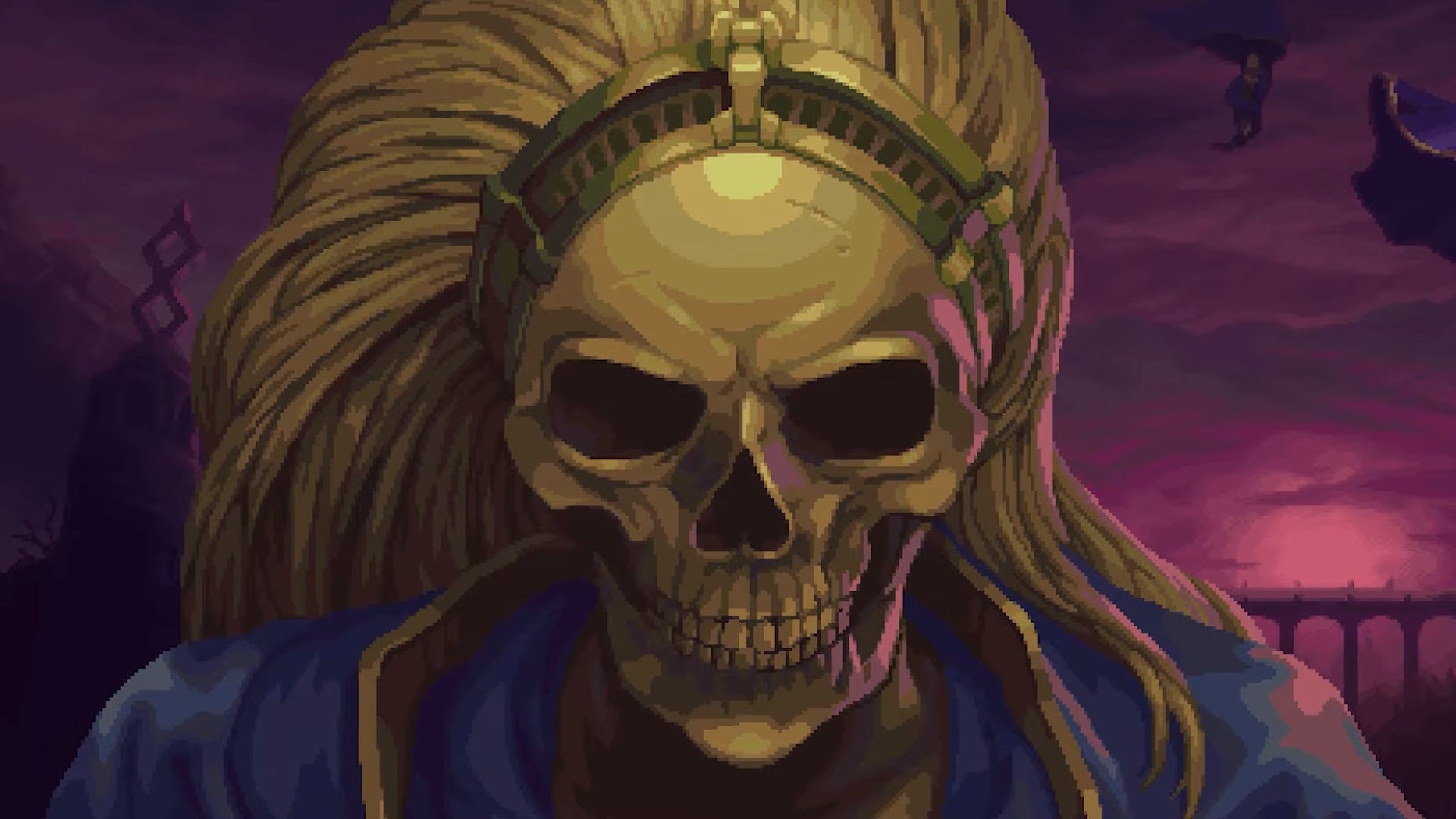 A skullface in a Blasphemous screenshot.