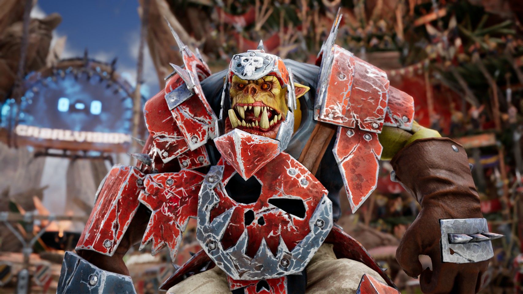 An orc in red and black football gear in the Blood Bowl 3 closed beta