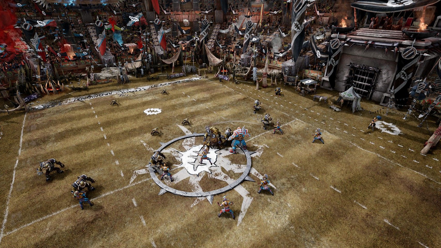 A top down view of a football field populated by orcs and humans in the Blood Bowl 3 closed beta