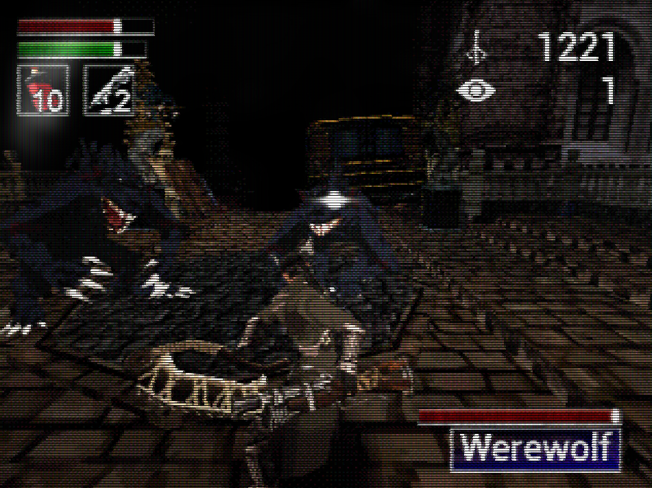 A hunter fends off two werewolves with a sawblade in Bloodborne PSX.