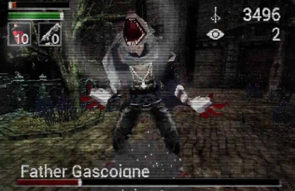 A screenshot of Bloodborne PSX, a fan demake of Bloodborne, showing a roaring Father Gascoigne covered in fake scanlines.